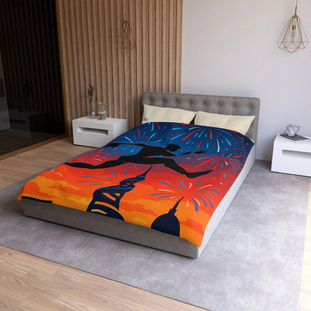 Housse de couette avec silhouette sportive et feux d'artifice, ambiance nocturne colorée