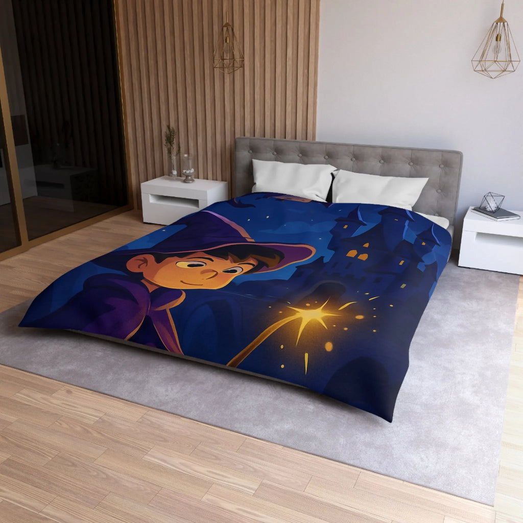 Housse de couette magique pour enfant avec jeune sorcier et château enchanté
