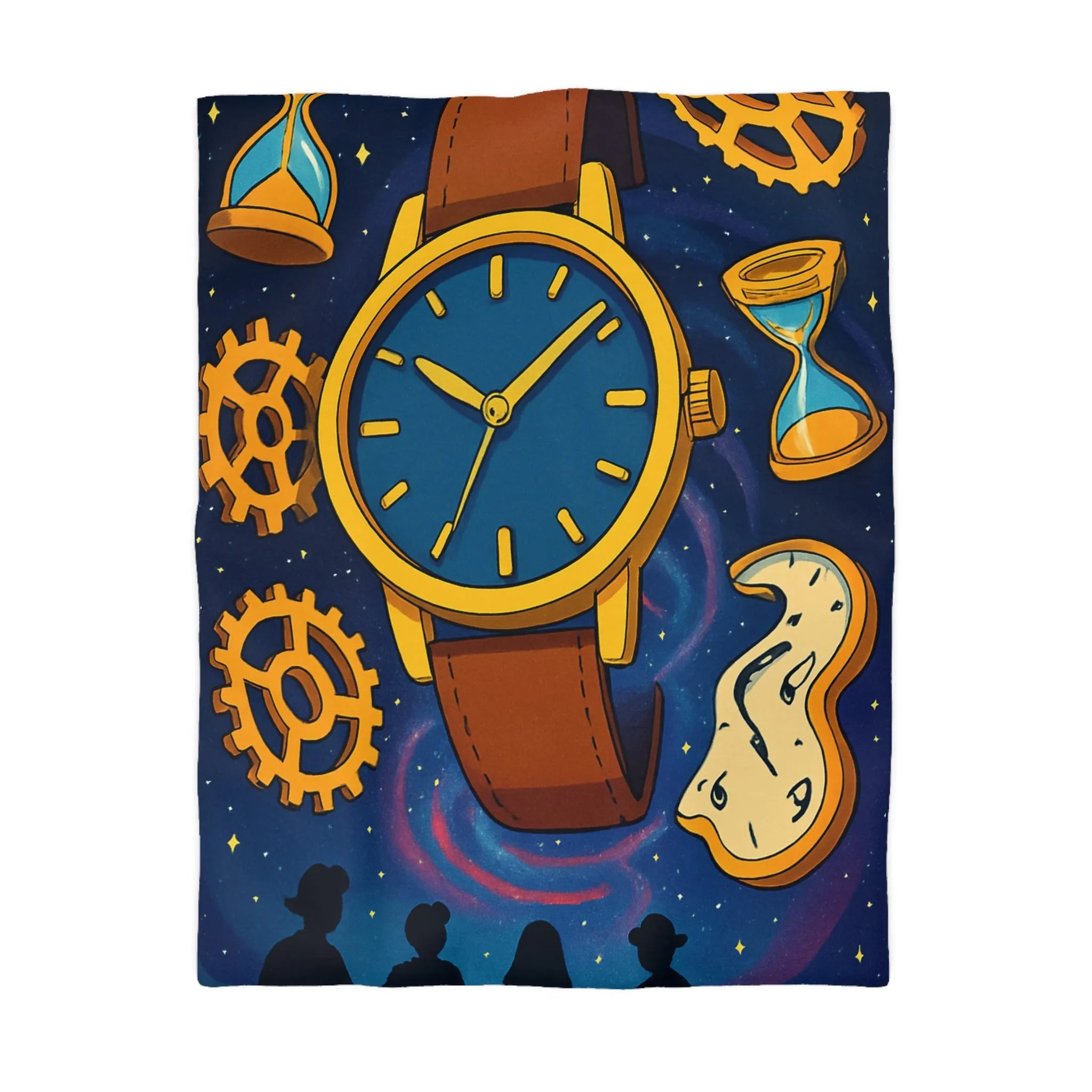 Housse de Couette Inspirée de l'Espace avec Montre Vintage et Sabliers Jaunes