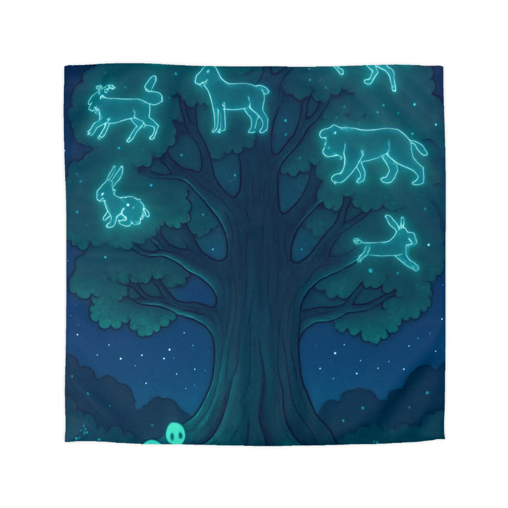 Housse de couette étoilée avec animaux lumineux sous un grand arbre mystique