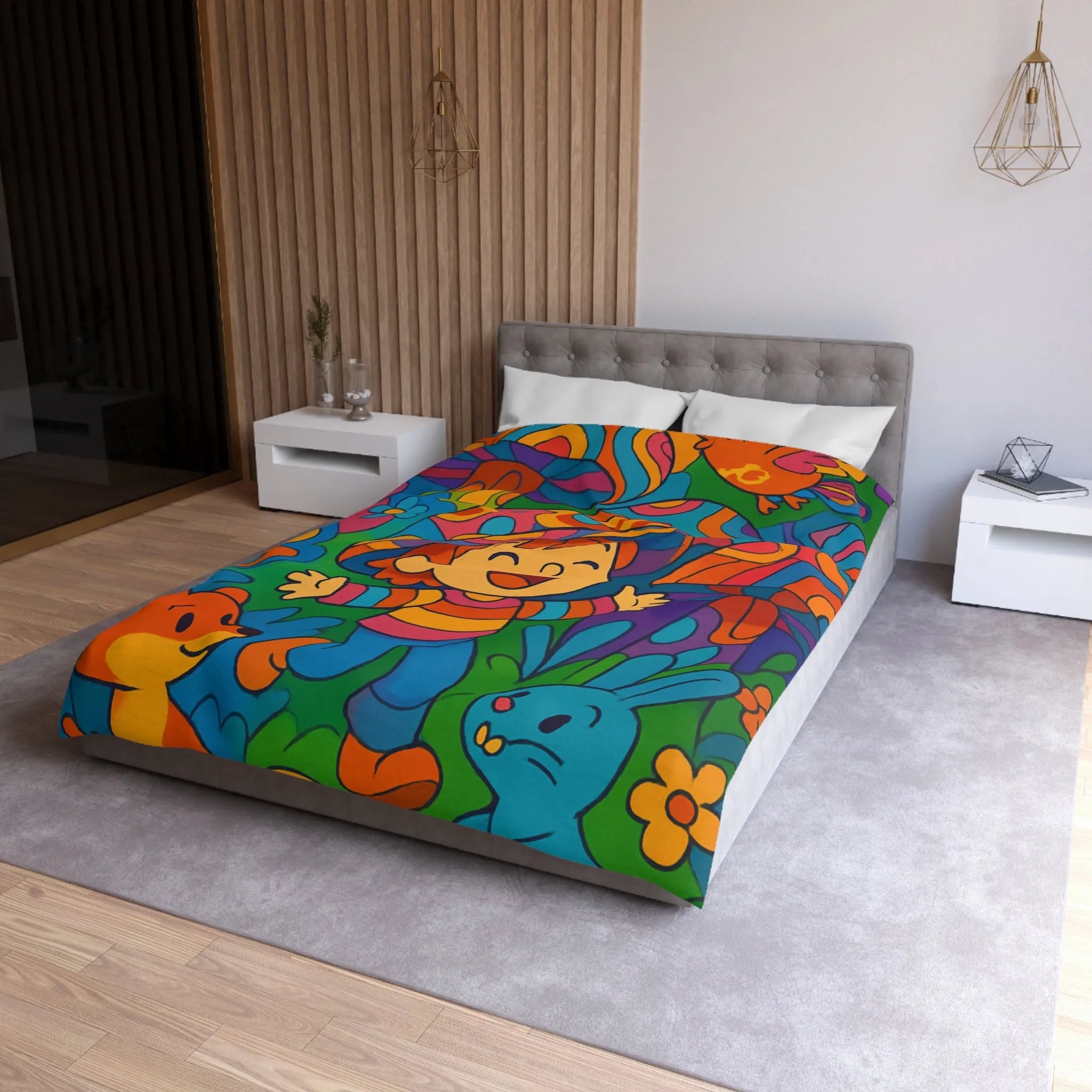 Housse de couette enfant joyeuse avec animaux en forêt style rétro arc-en-ciel