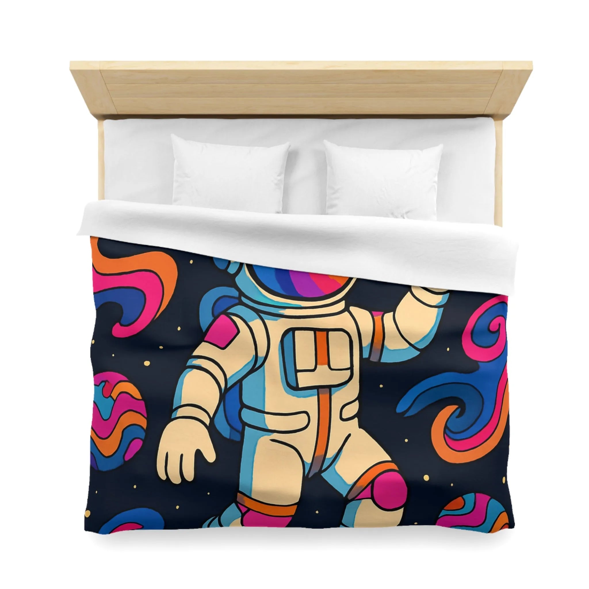 Housse de Couette Astronaute Psychédélique dans l’Espace avec Planètes Colorées et Fusées