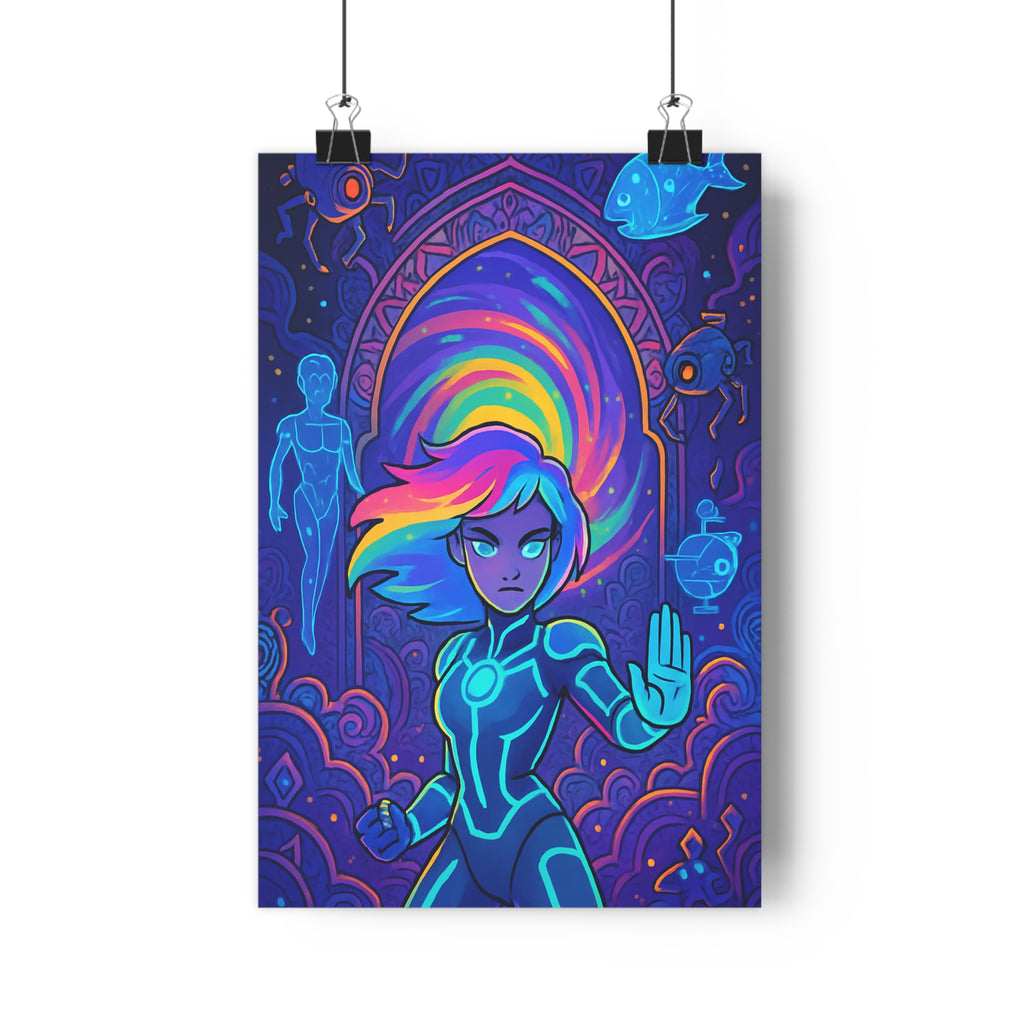 Poster décoratif futuriste bleu violet néon bureau sciencefiction dynamique moderne élégant féminin unique artistique