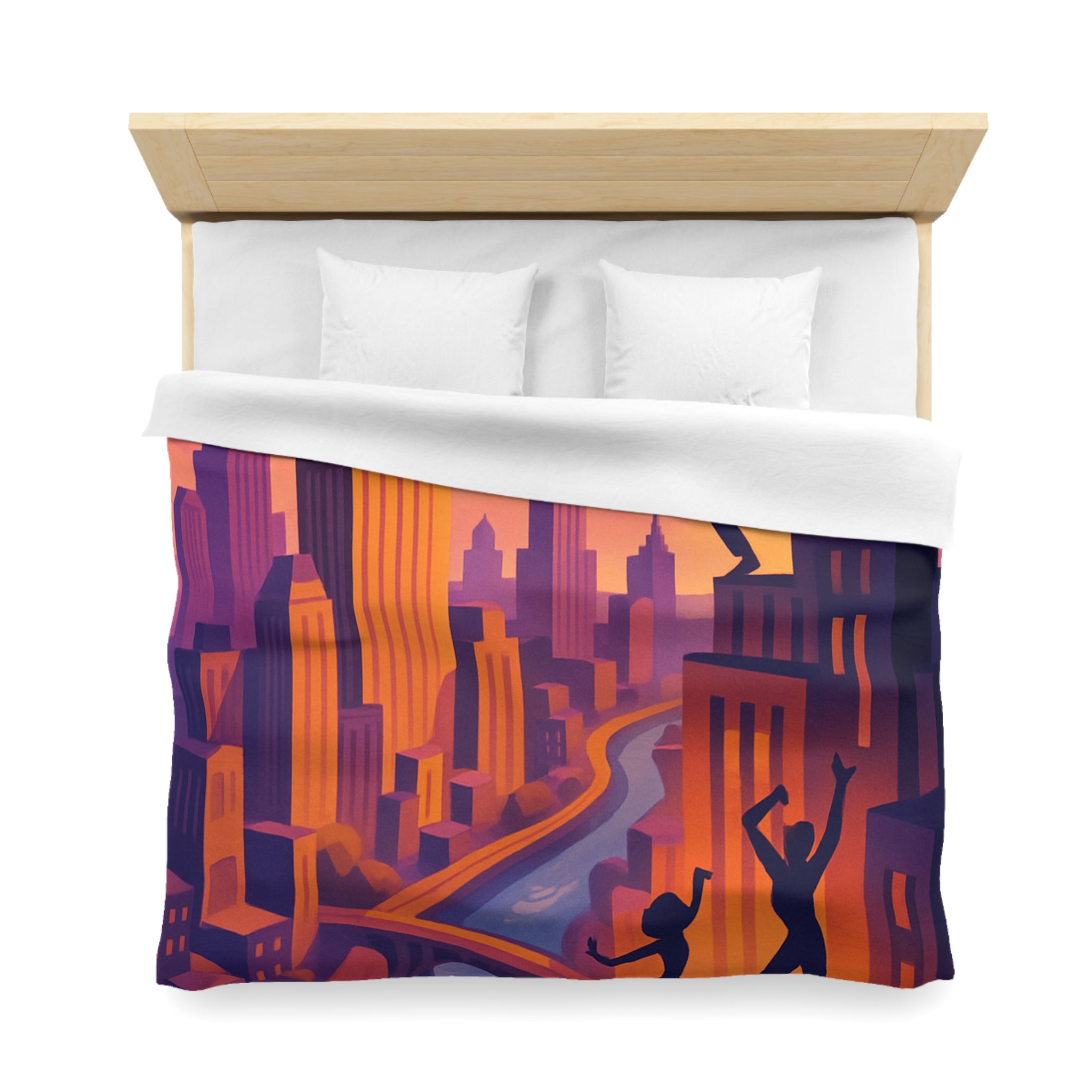 Housse de Couette avec Danseurs et Ville au Coucher de Soleil, Tonalités Vibrantes