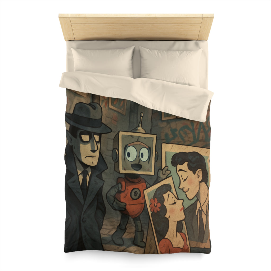 Housse de couette rétro robot vintage, style pop art, ambiance urbaine et romantique