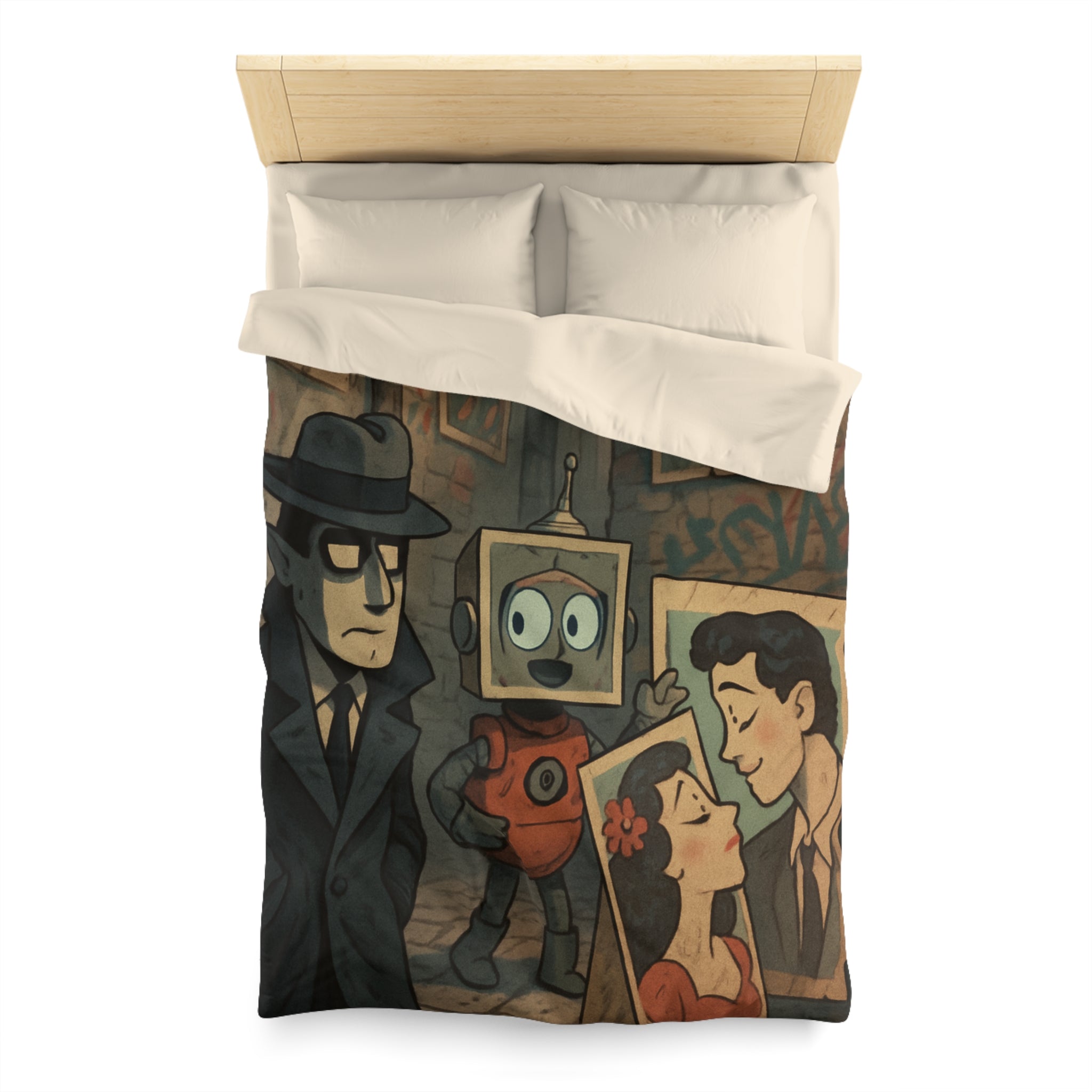 Housse de couette rétro robot vintage, style pop art, ambiance urbaine et romantique