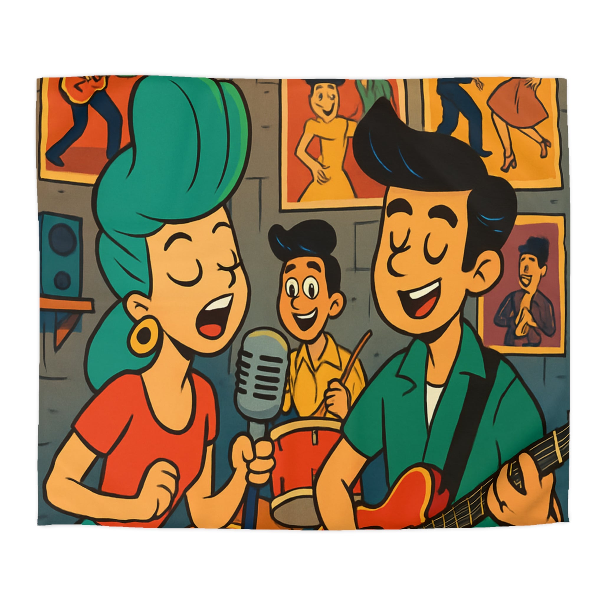 Housse de couette rétro ambiance années 50 avec musiciens et affiches colorées vintage