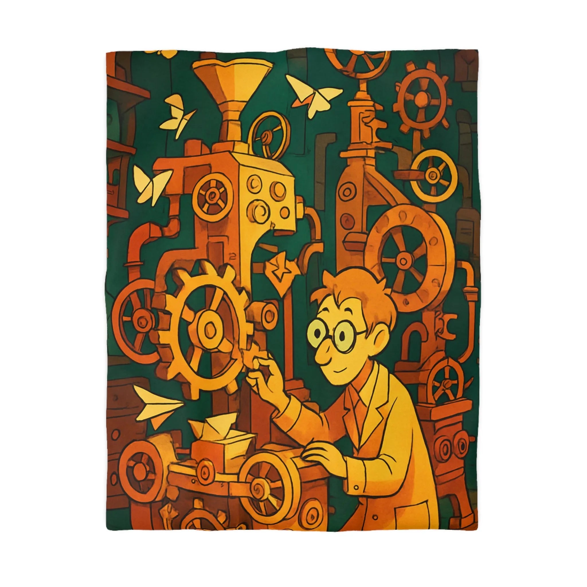 Housse de couette machine steampunk colorée avec papillons et ingénieur rêveur illustration automne