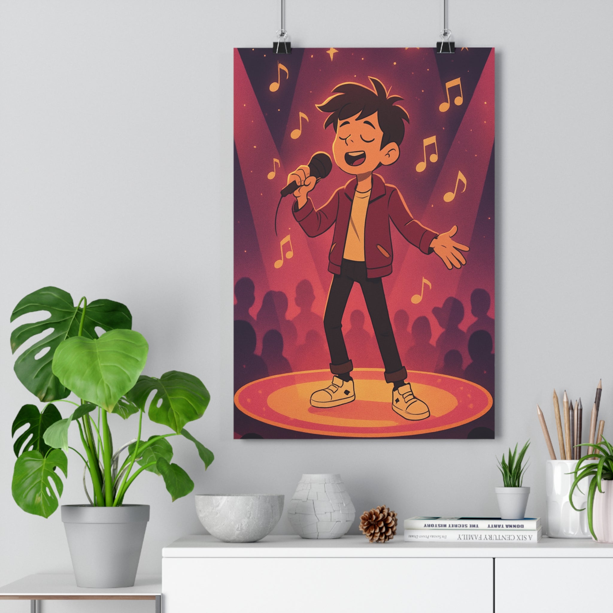 Poster décoratif cartoon violet orange joyeux enfant chambre créatif chanteur musique scène artistique captivant