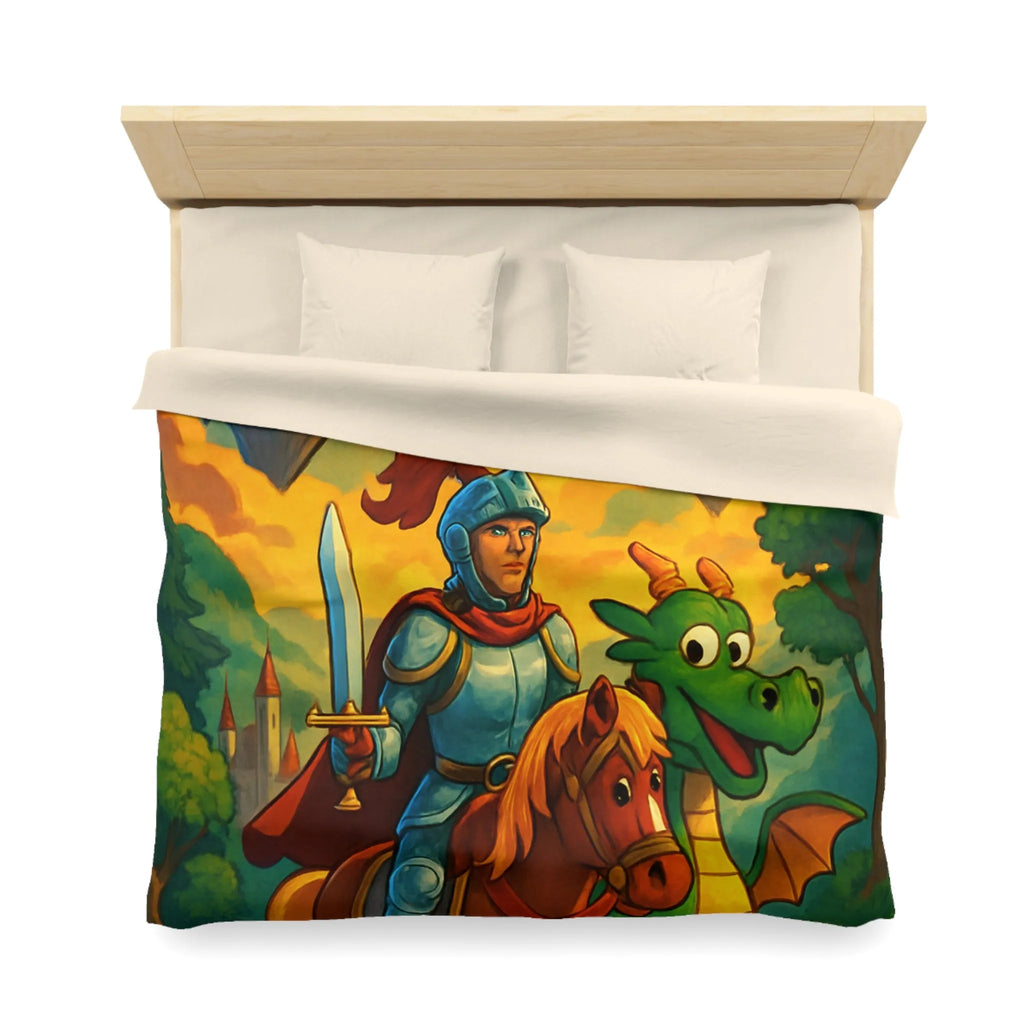 Housse de couette médiévale colorée avec chevalier, dragon et châteaux flottants fantastiques