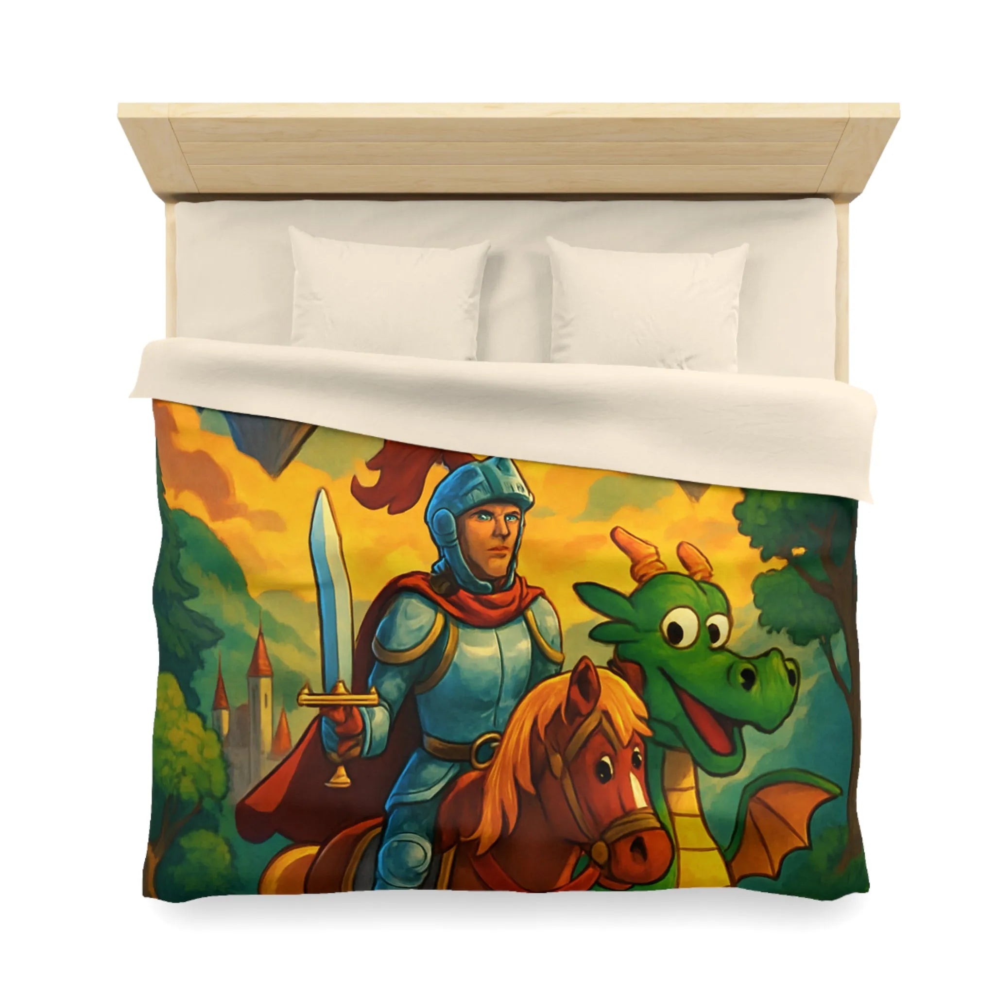 Housse de couette médiévale colorée avec chevalier, dragon et châteaux flottants fantastiques