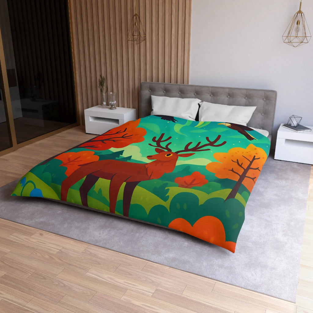 Housse de Couette Illustrée : Cerf Enchanté et Aurore Boréale dans Forêt Féérique