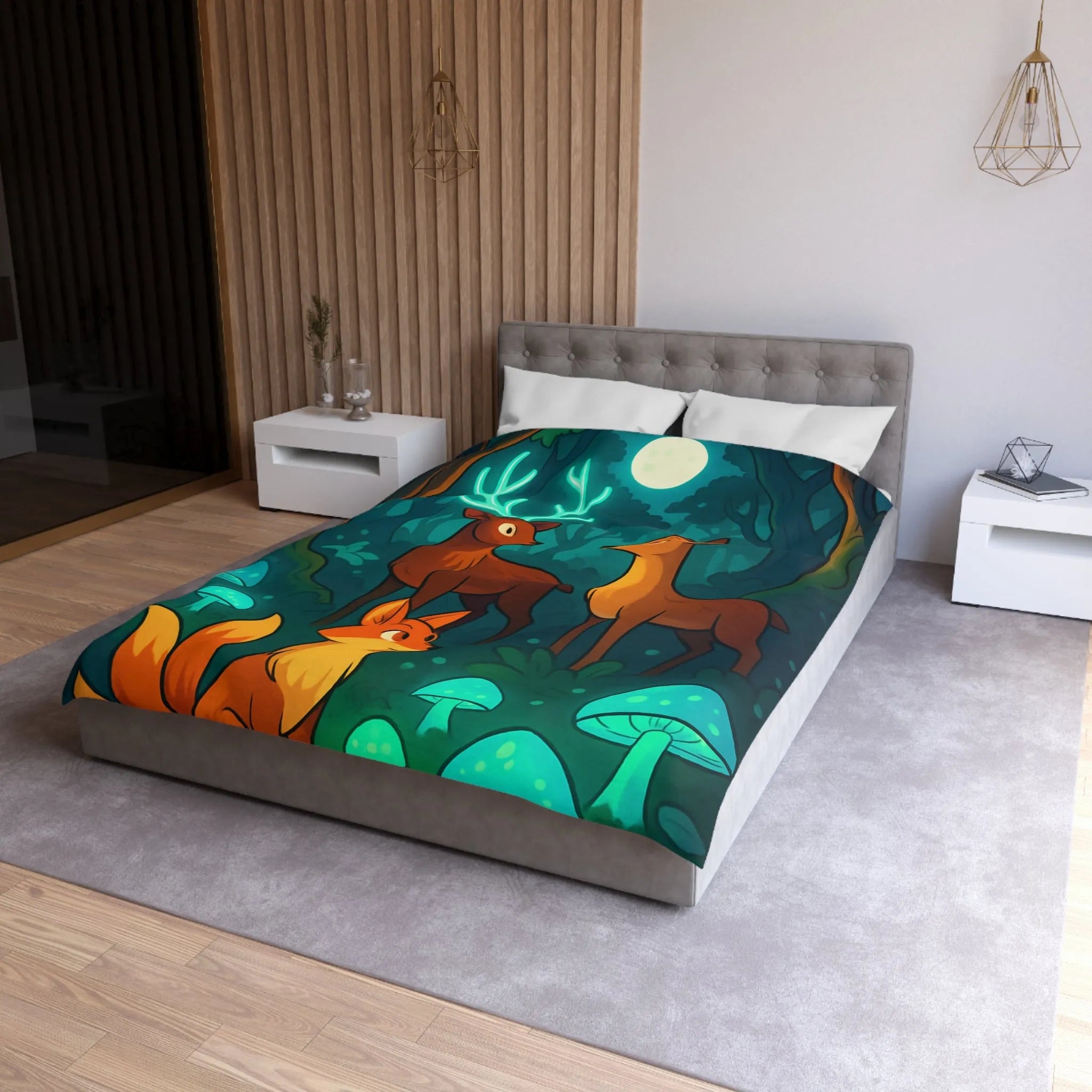 Housse de couette avec animaux de forêt et champignons sous lumière lunaire magique