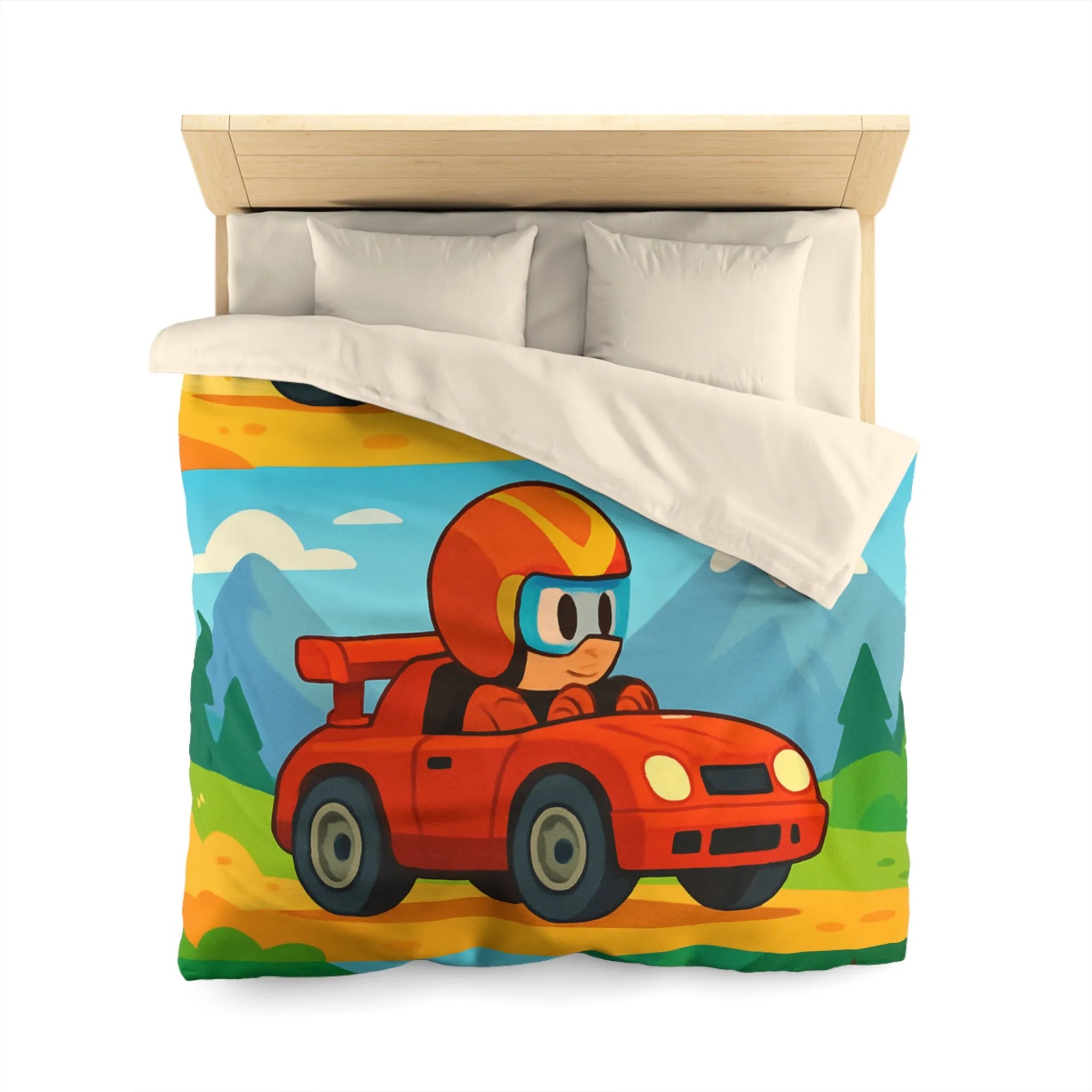 Housse de couette colorée avec motifs de voitures et paysages pour chambre d'enfant