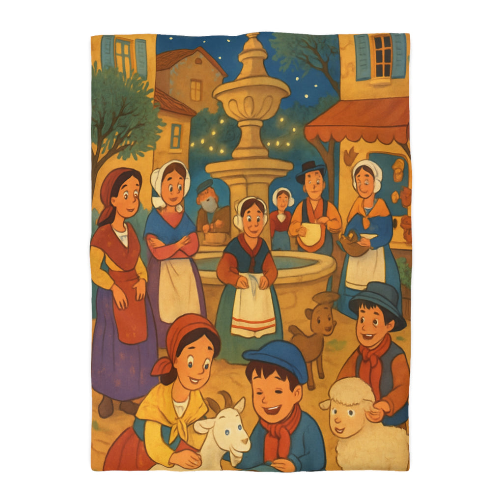 Housse de couette pour enfants avec scène villageoise festive et animaux mignons joyeux