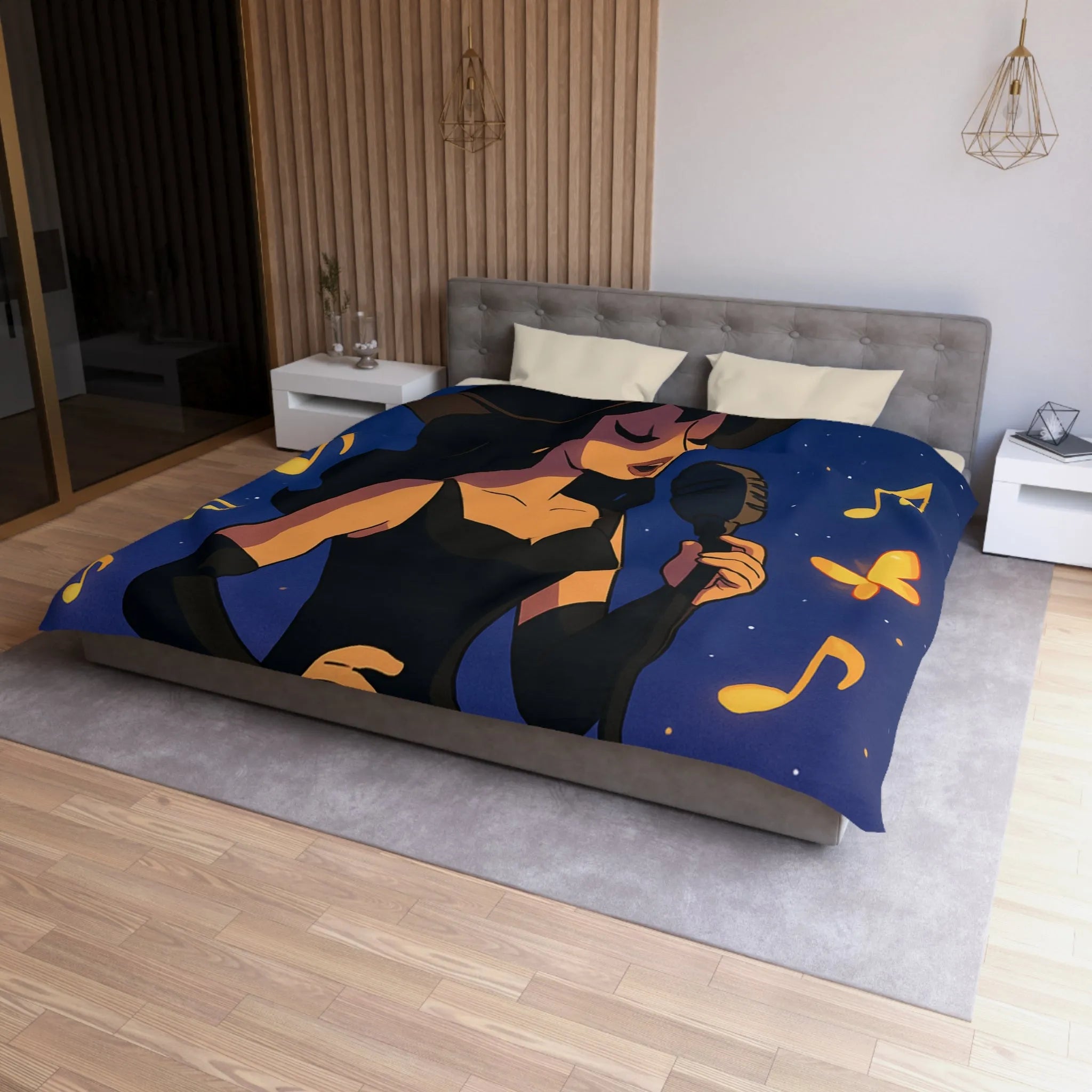 Élégant design musicien nocturne avec notes dorées et papillons sur fond étoilé bleu