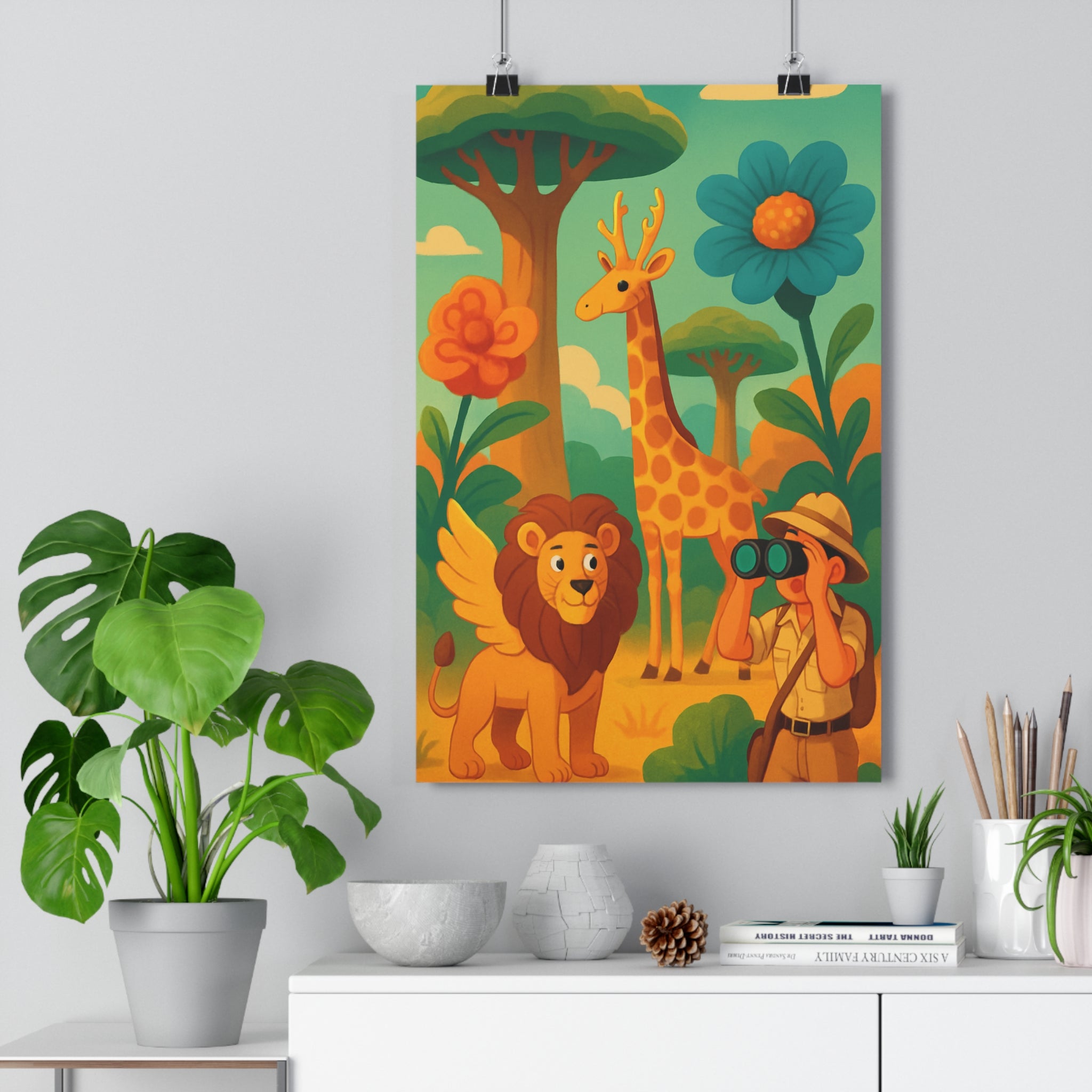 Poster décoratif cartoon jaune orange bleu aventure enfant magique safari sauvage joyeux nature fantaisie