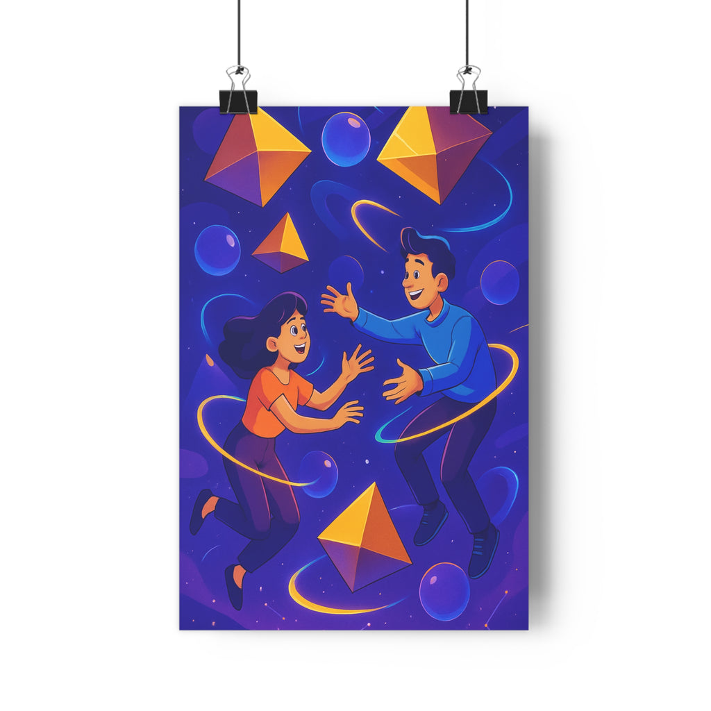 Poster décoratif onirique art conceptuel bleu orange dynamique chambre créatif univers pyramides sphères personnages