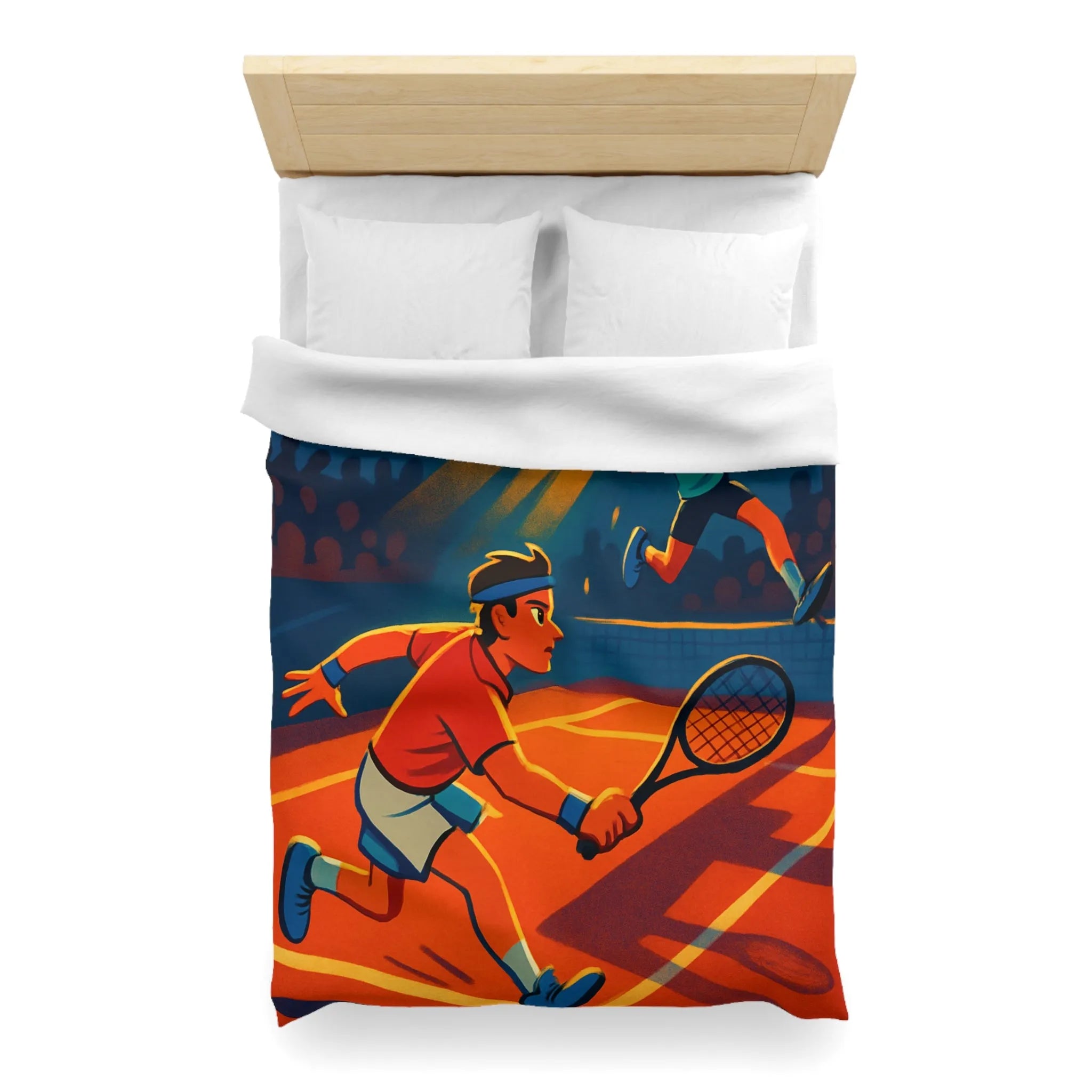 Housse de couette dynamique illustrant un match de tennis intense sous projecteurs éclatants