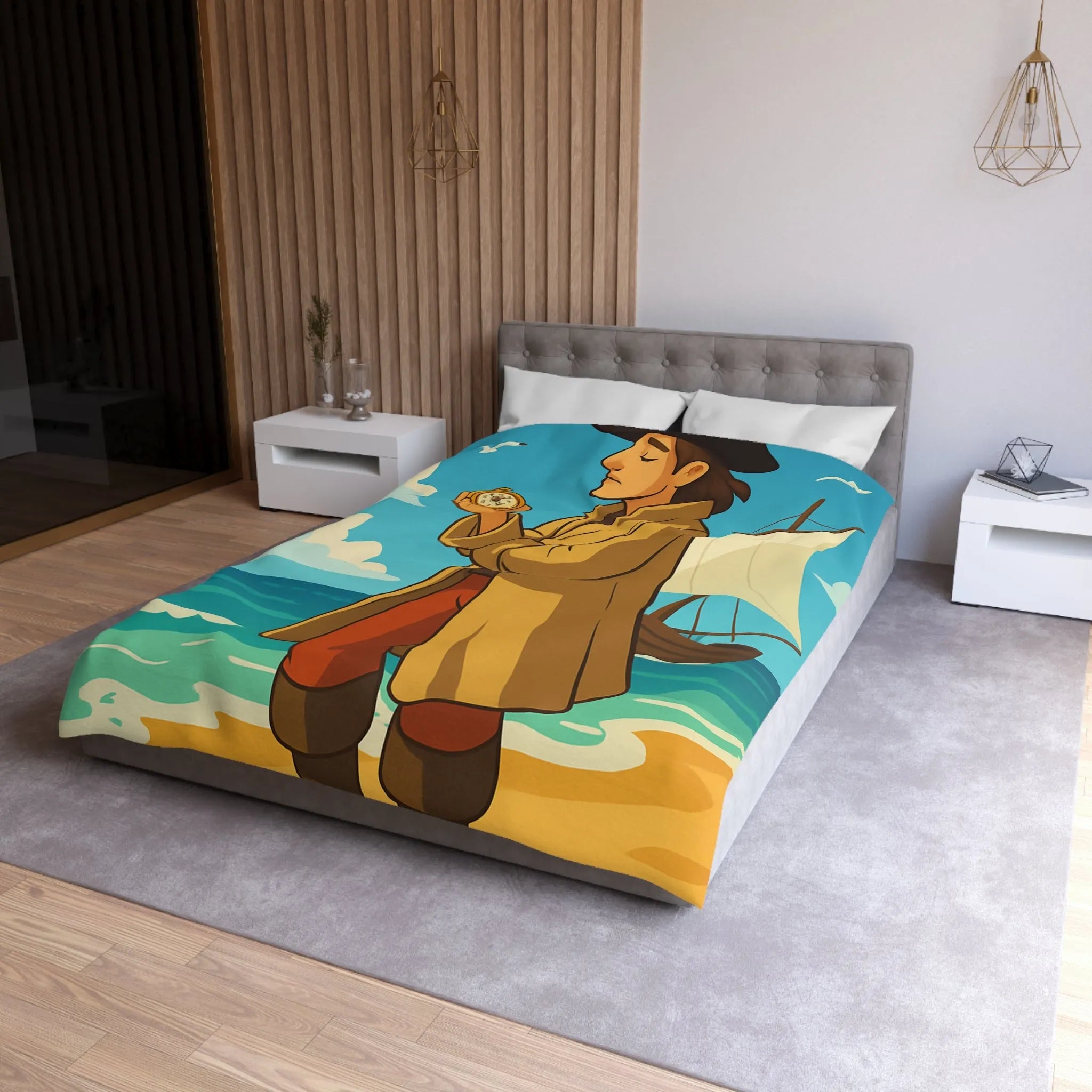 Housse de couette avec illustration de marin vintage et montres de poche sur plage