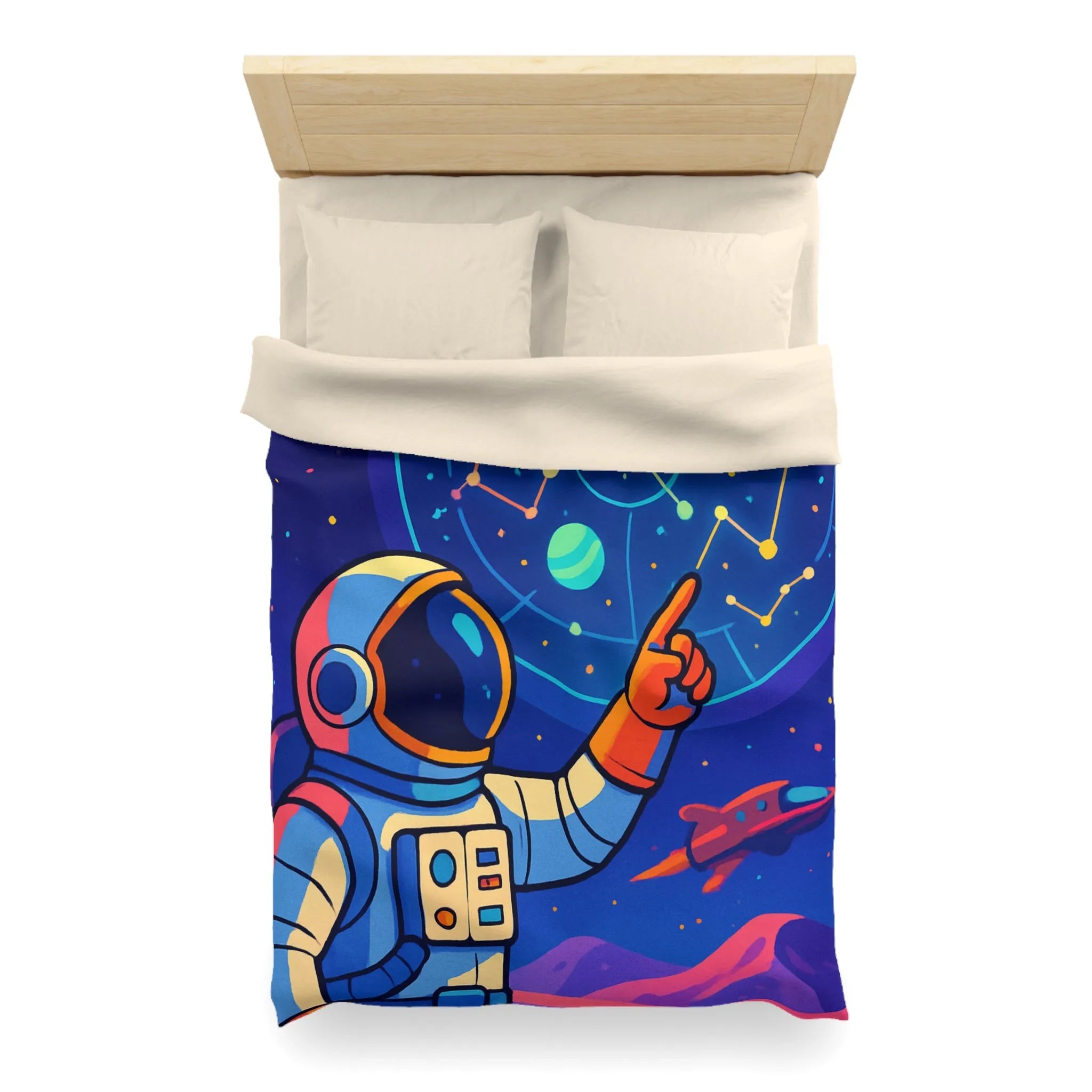 Housse de couette cosmos coloré avec astronaute, planète et carte des étoiles