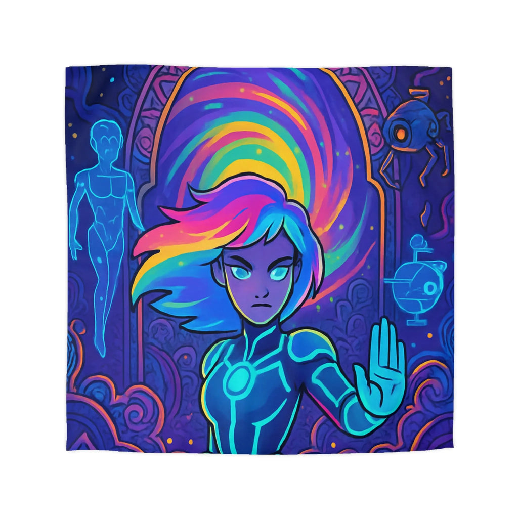 Housse de couette futuriste avec design néon multicolore et personnage dynamique