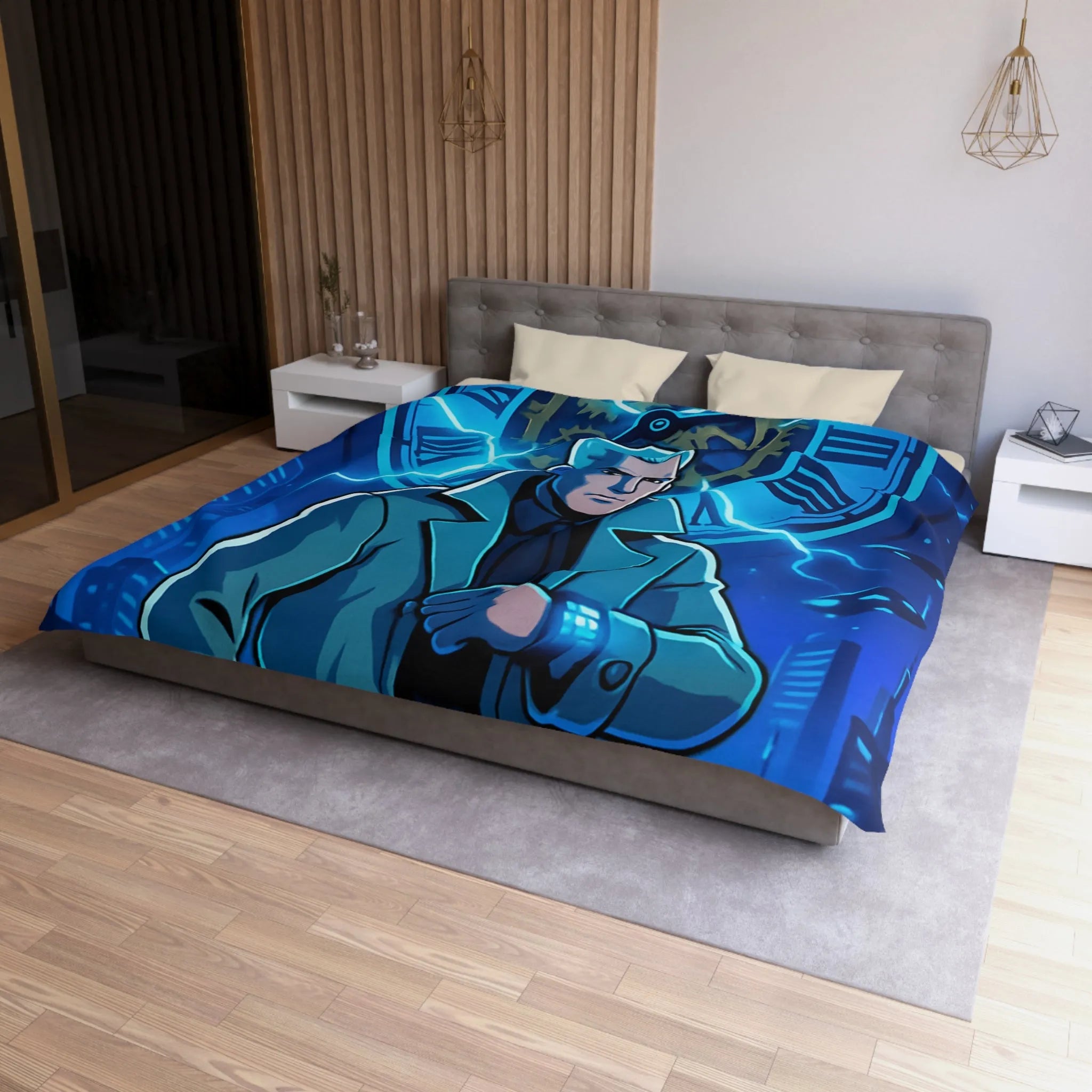 Housse de Couette Inspiration Futuriste avec Horloge Éclair et Personnage Mystérieux en Manteau