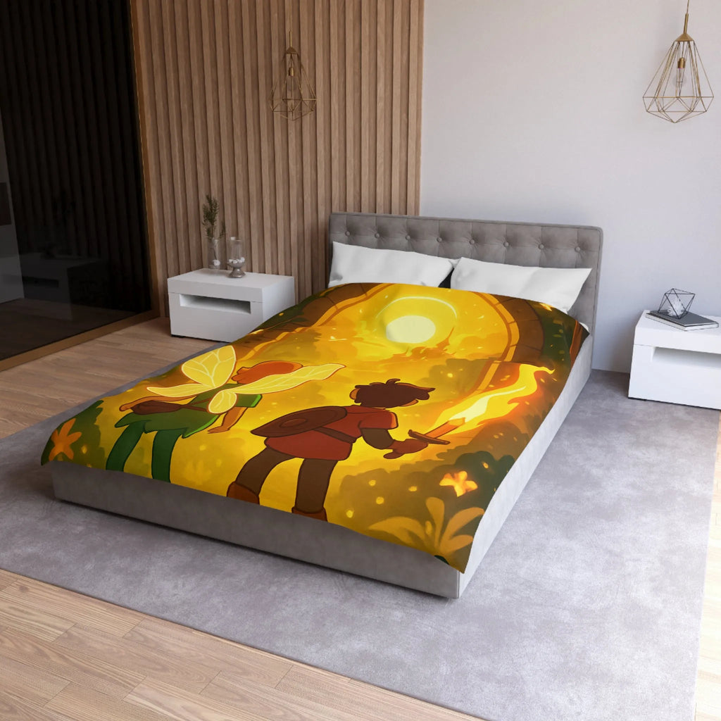 Housse de couette féerique avec fées et aventuriers dans une forêt enchantée magique