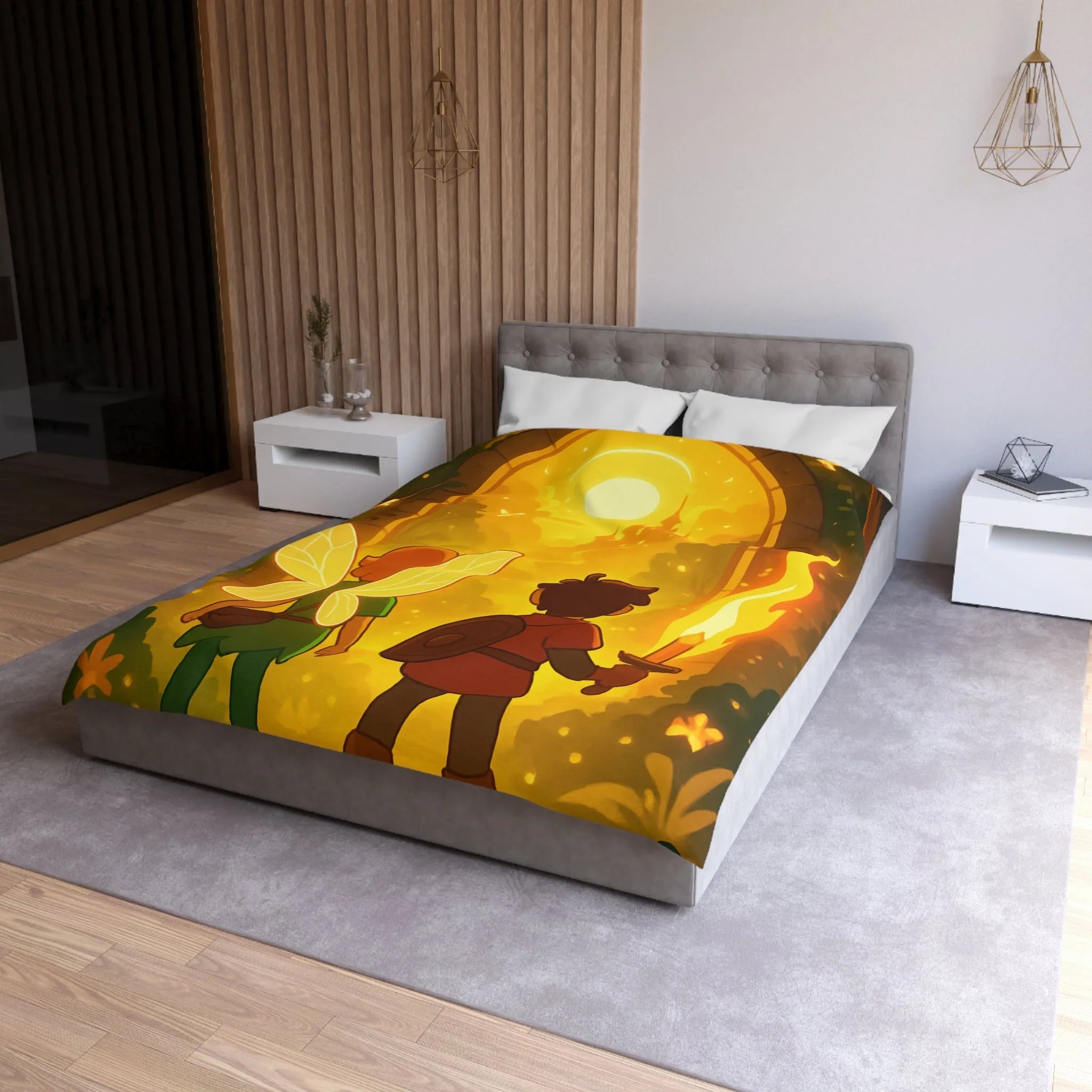 Housse de couette féerique avec fées et aventuriers dans une forêt enchantée magique