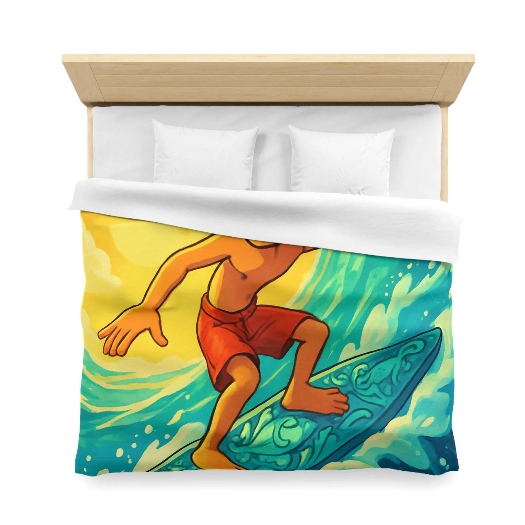 Enfant vibrant surfe sur vague turquoise sous ciel jaune vif artistique et joyeux