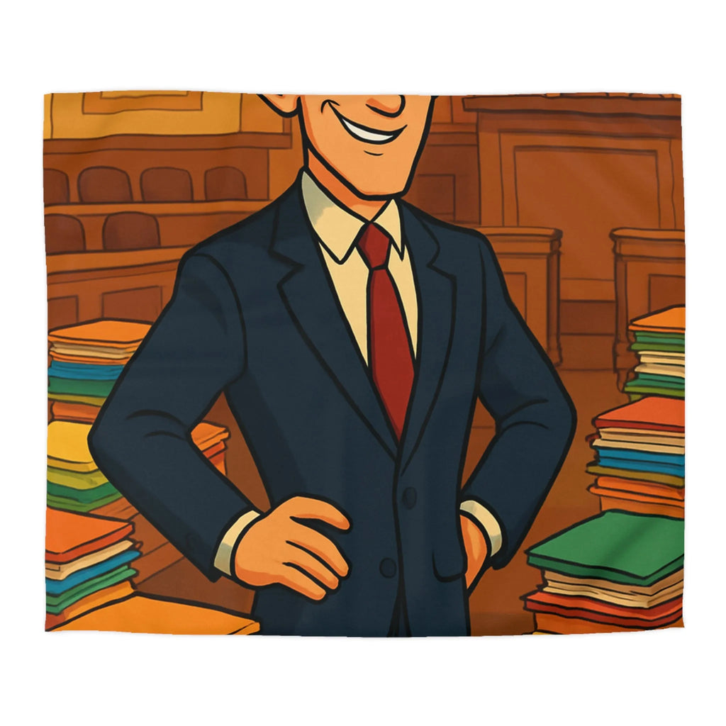 Élégante housse de couette rétro, piles de dossiers colorés, personnage confiant et distingué