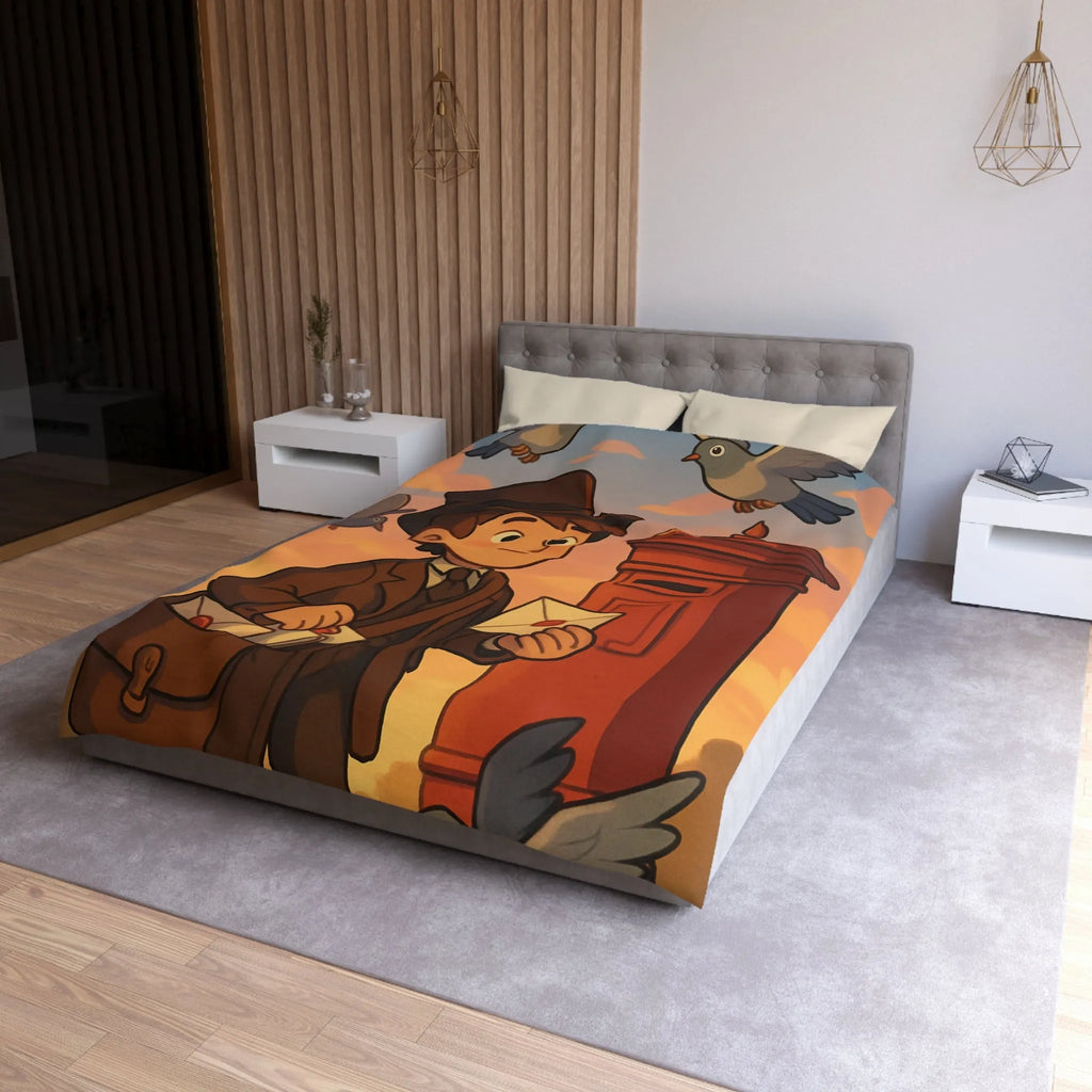 Housse de couette illustrée avec poste vintage et pigeons dans ciel au coucher du soleil