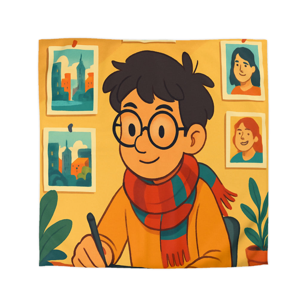 Housse de couette moderne avec illustrations colorées d'artiste travaillant dans un studio créatif