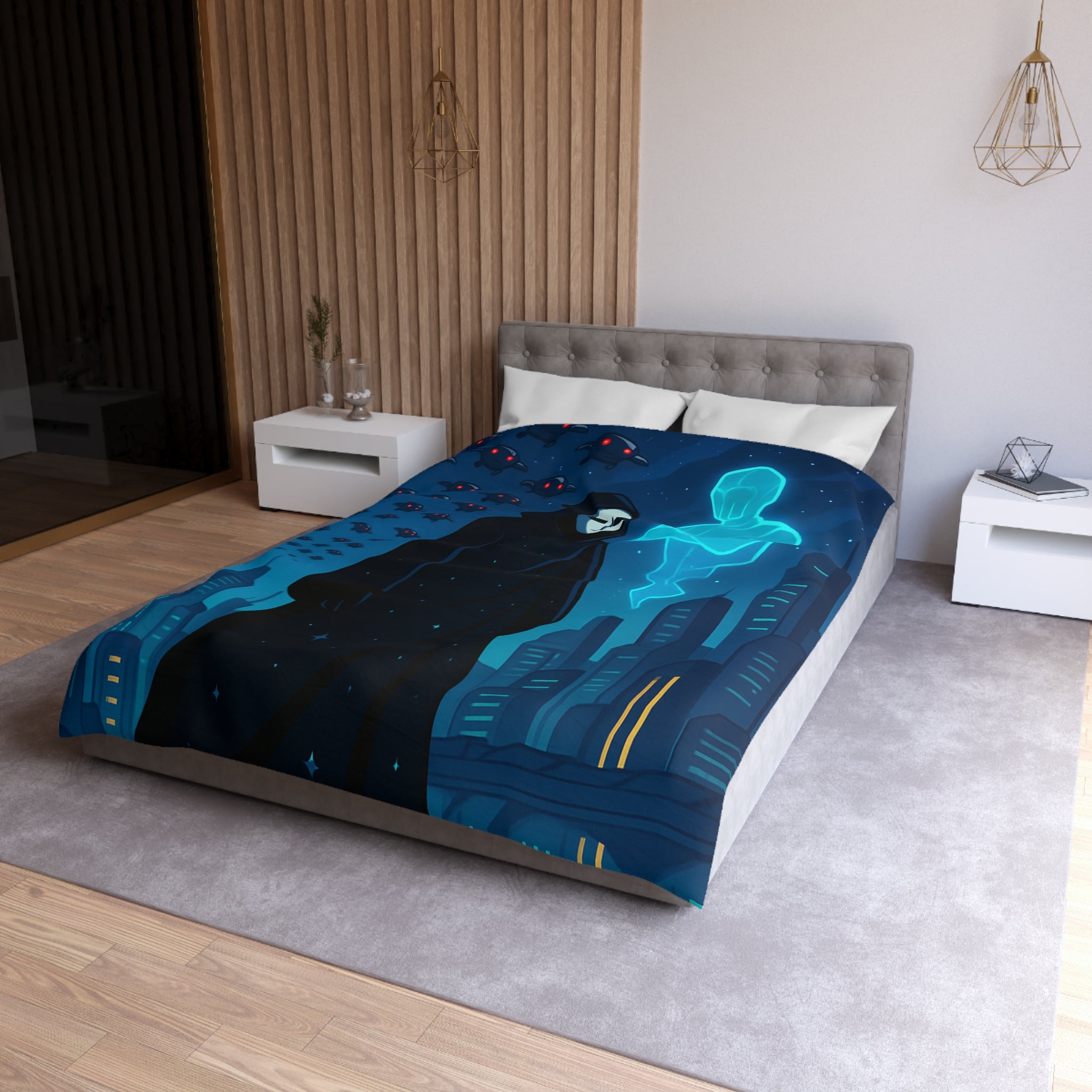 Housse de couette spatiale avec figure masquée et paysage urbain futuriste