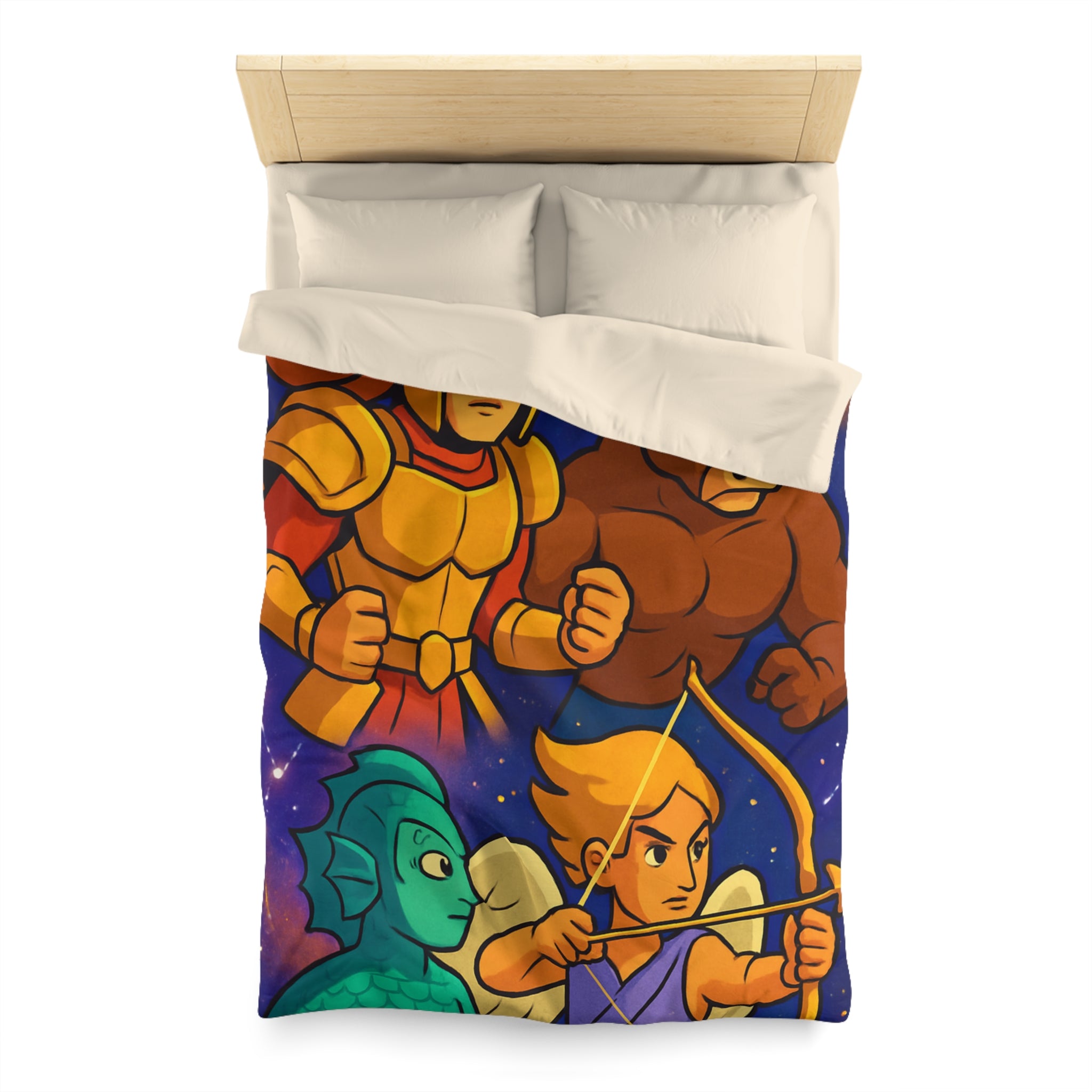 Housse de couette zodiaque illustrée avec chevalier, taureau, ange et créature marine
