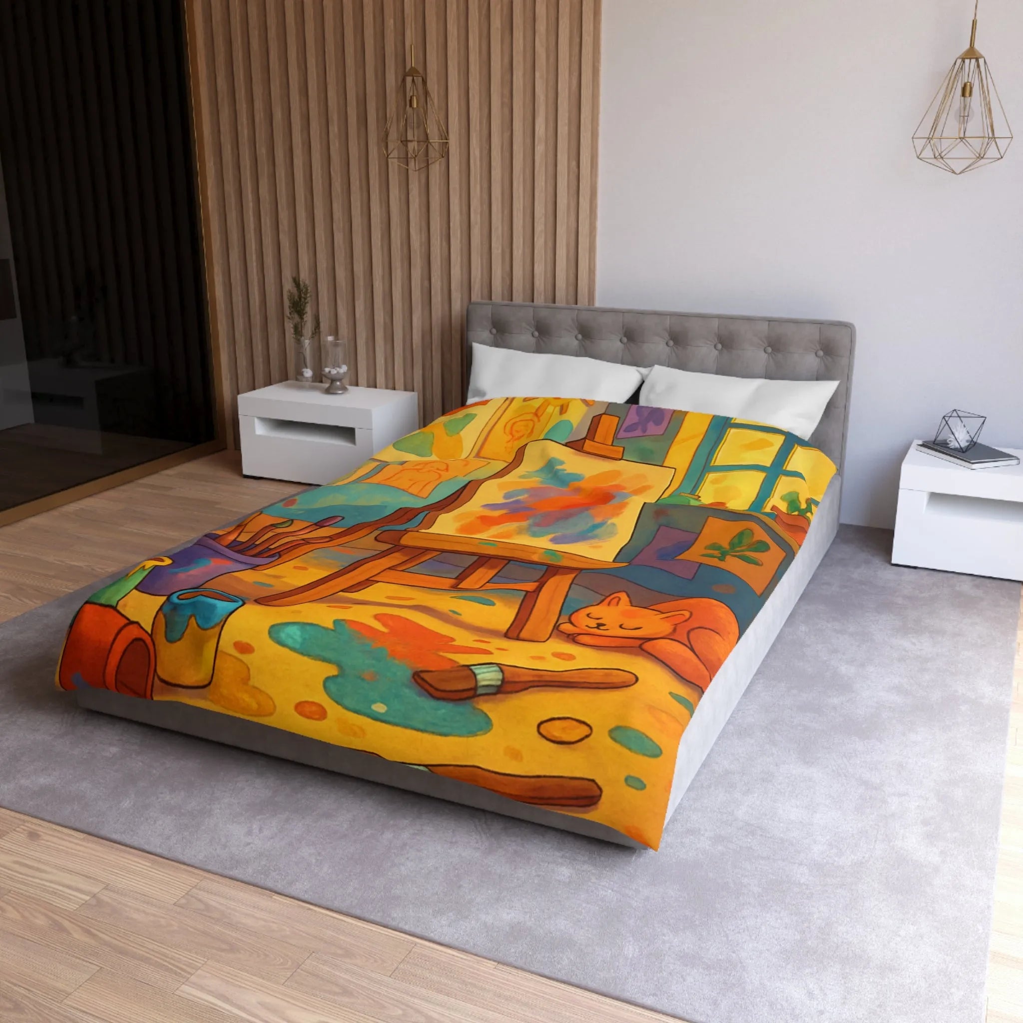 Housse de couette artistique colorée avec chevalet et chat pour une chambre cosy