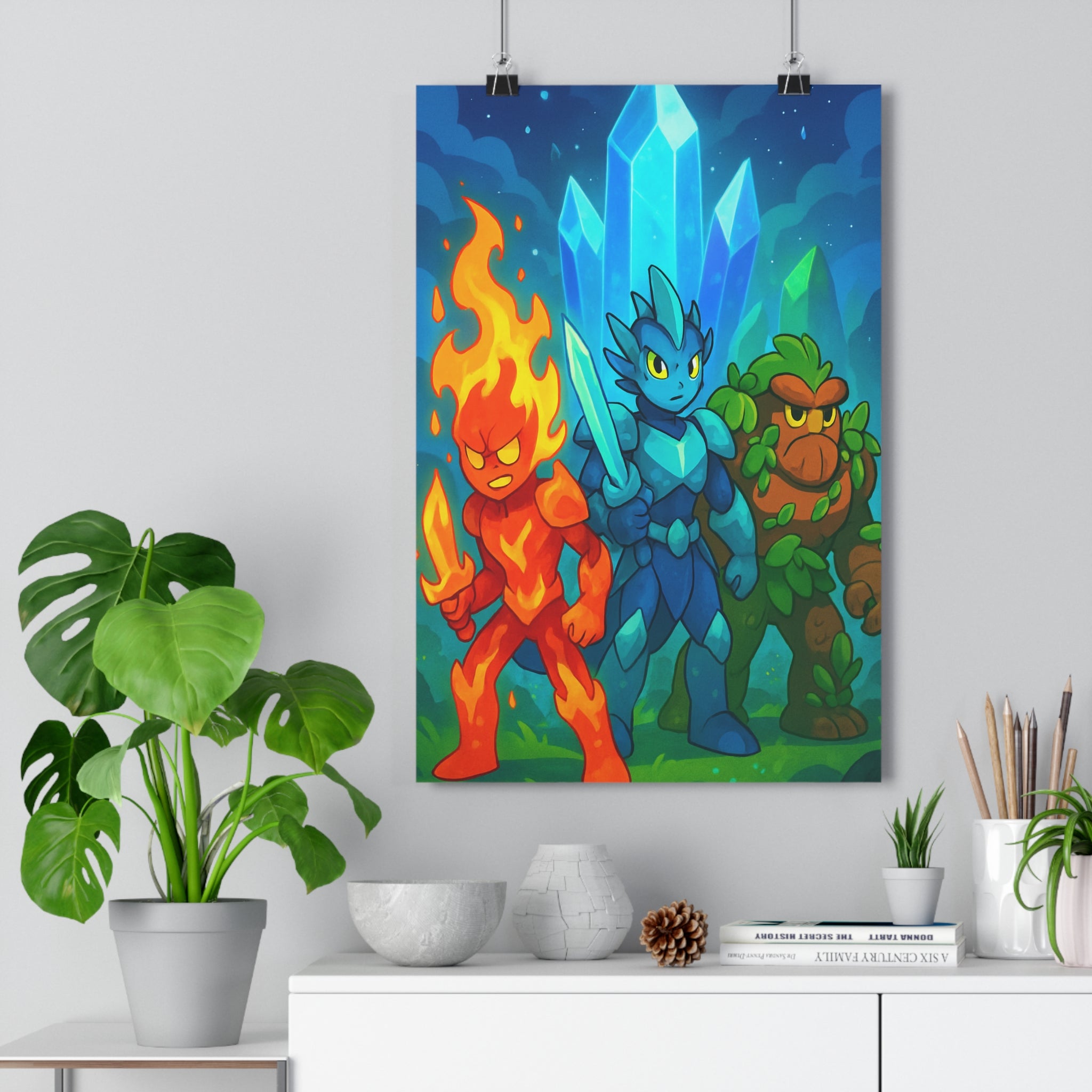 Poster décoratif cartoon mystique aventurier chambre enfant bleu vibrant cristal lumineux style fantastique qualité