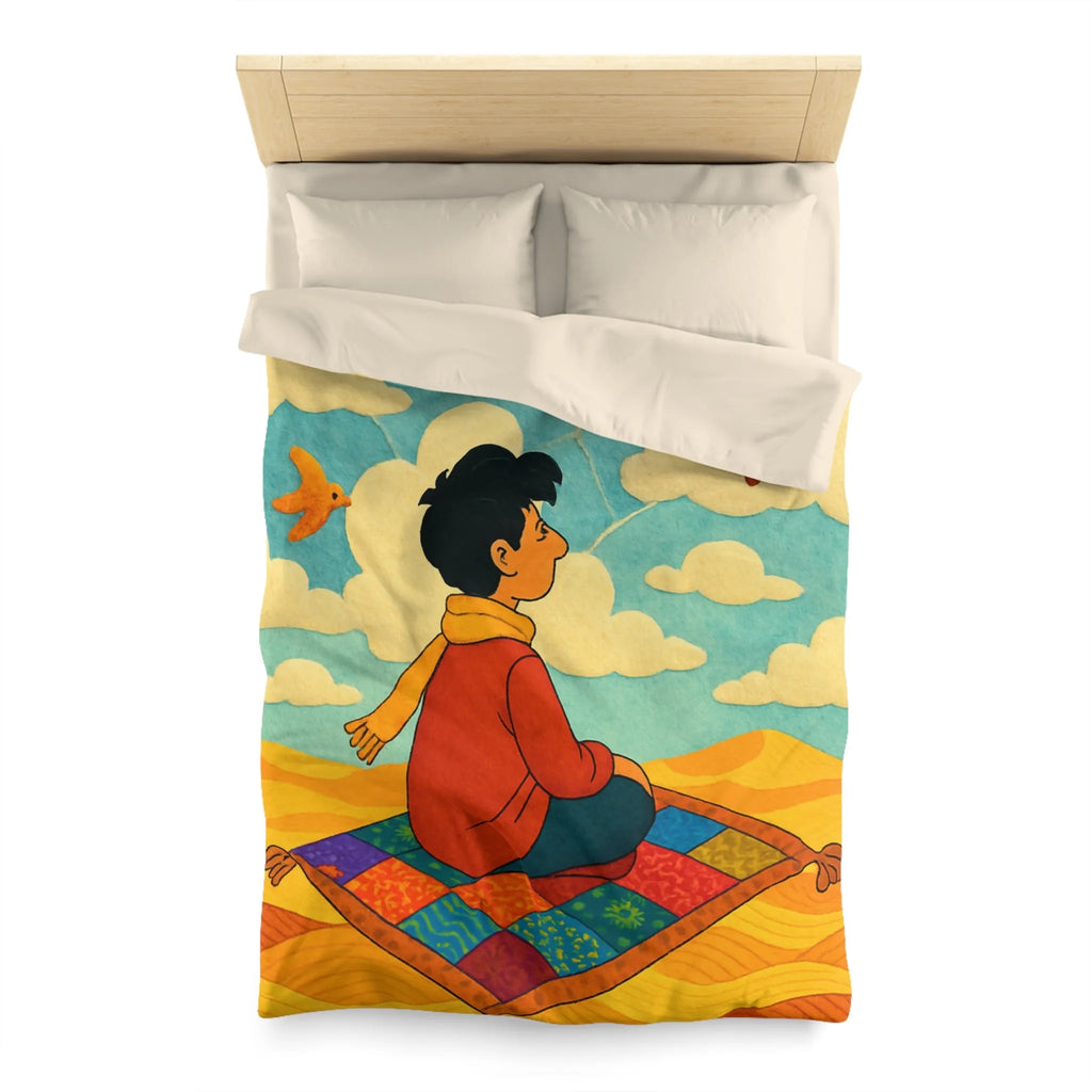 Housse de couette magique avec tapis volant et oiseaux colorés dans le ciel