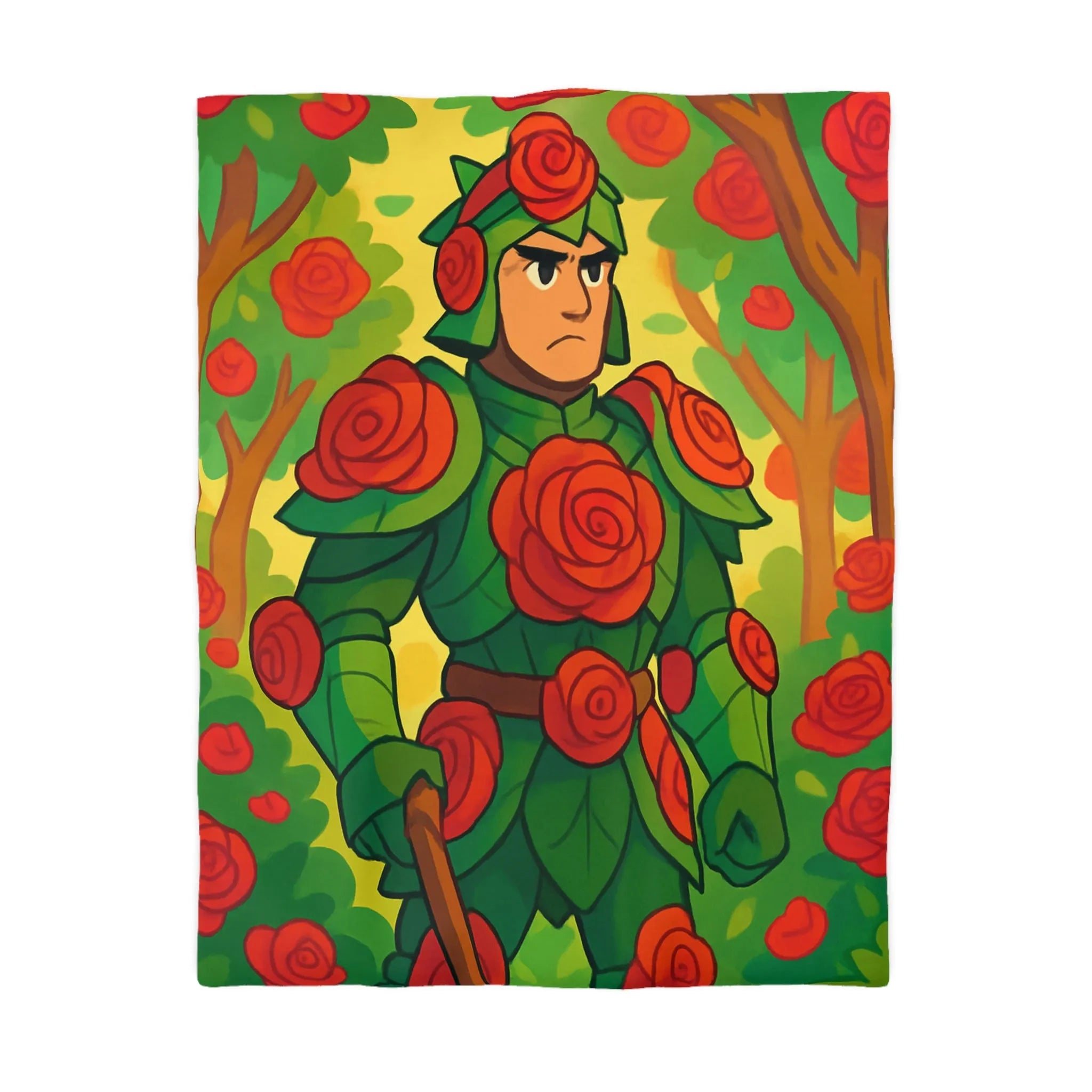 Housse de couette au design chevalier floral avec roses rouges et feuillage vert