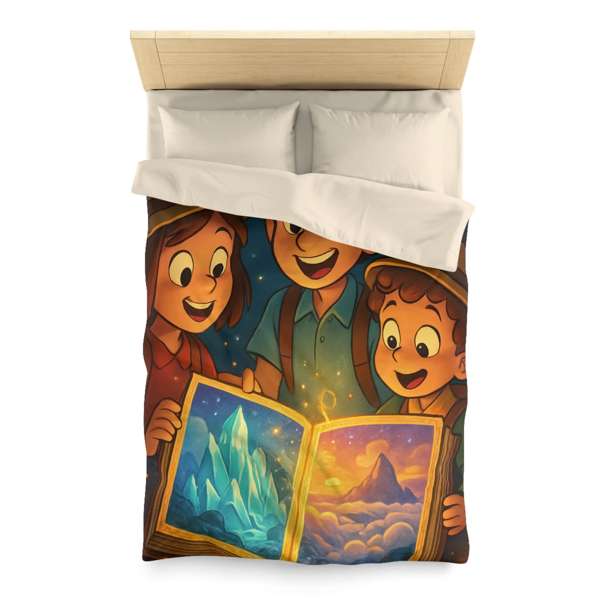 Housse de couette magique avec enfants explorant livre lumineux sous ciel étoilé