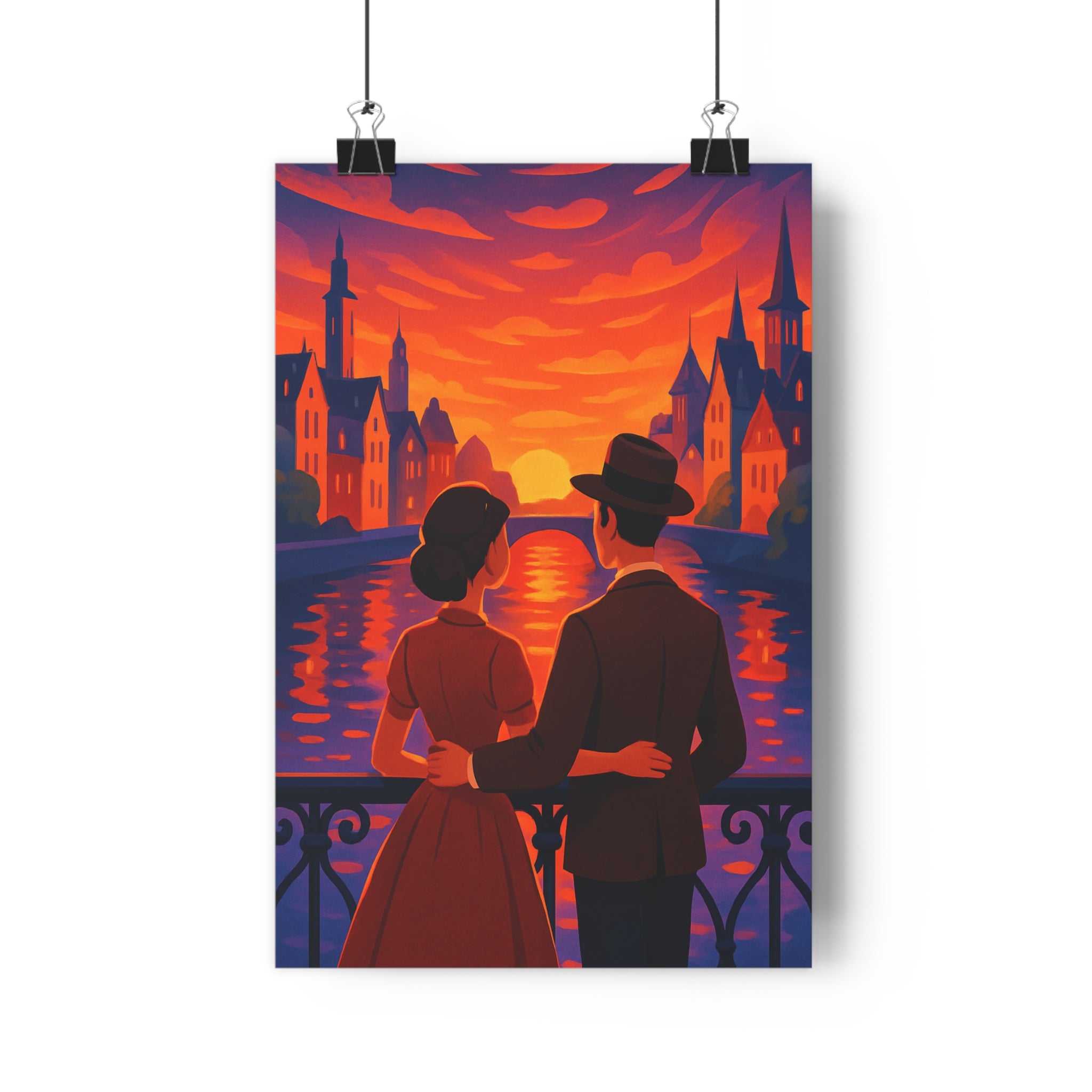 Poster décoratif romantique coucher soleil vibrant cartoon chambre salon ambiance pastel 30x46 cm qualité