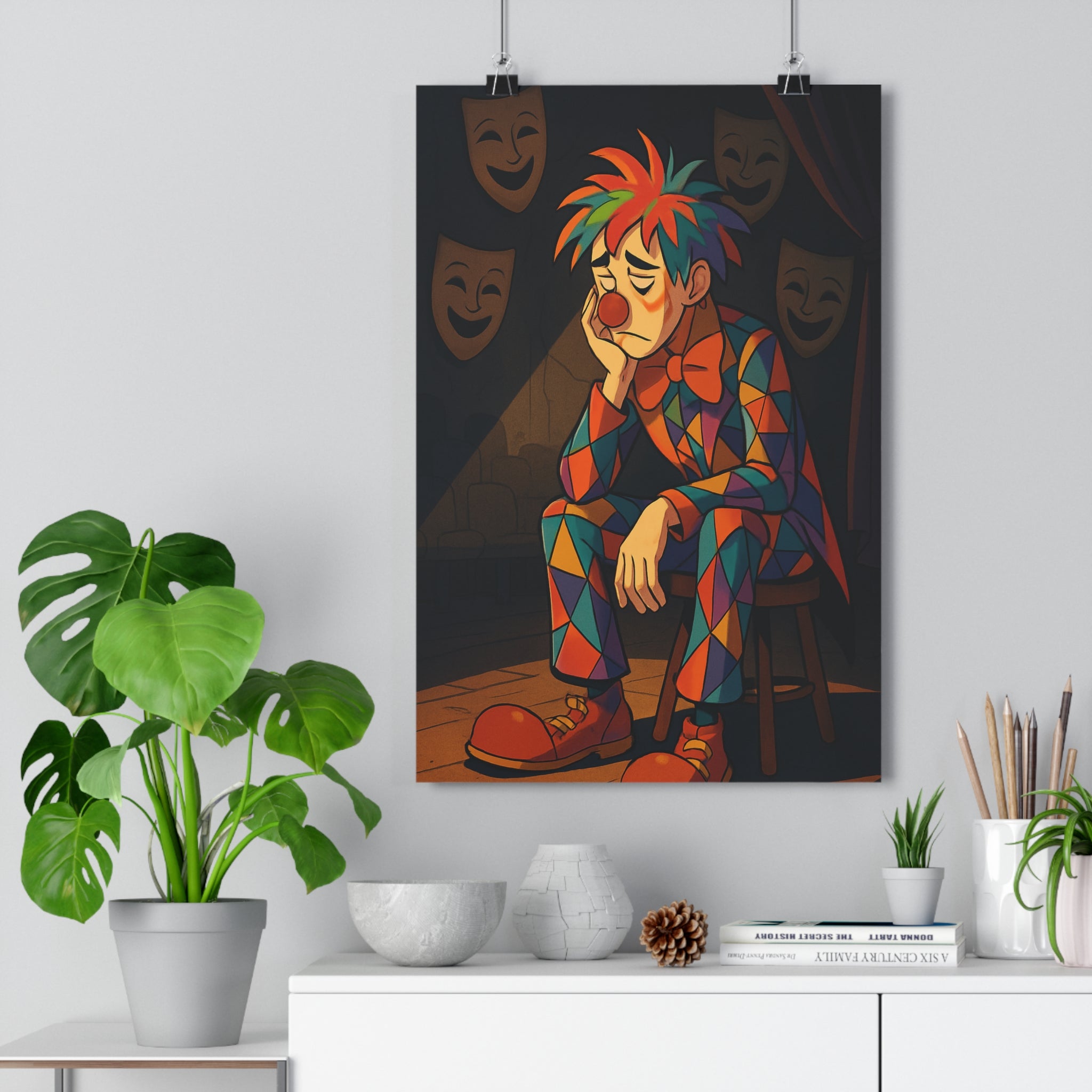 Poster décoratif clown surréaliste cartoon coloré multicolore salon chambre joyeux intrigant artistique amusant unique