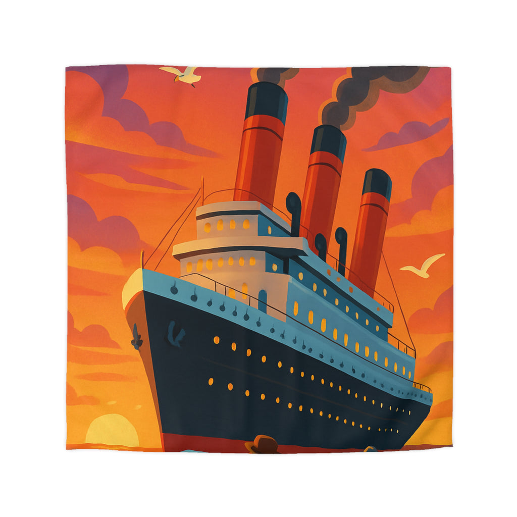 Superbe housse de couette avec paquebot vintage sous un coucher de soleil flamboyant