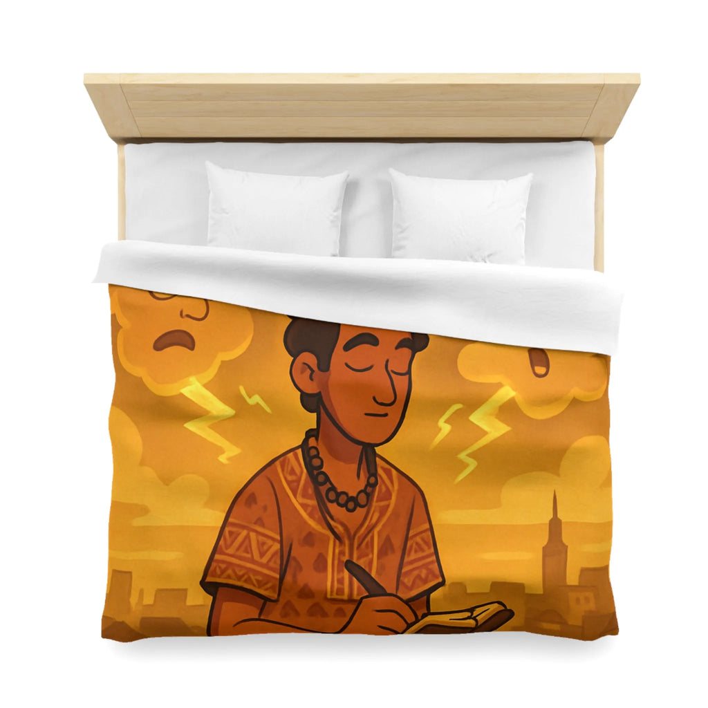 Housse de couette artistique avec motif méditatif, nuageux et expressions émotionnelles illustrées