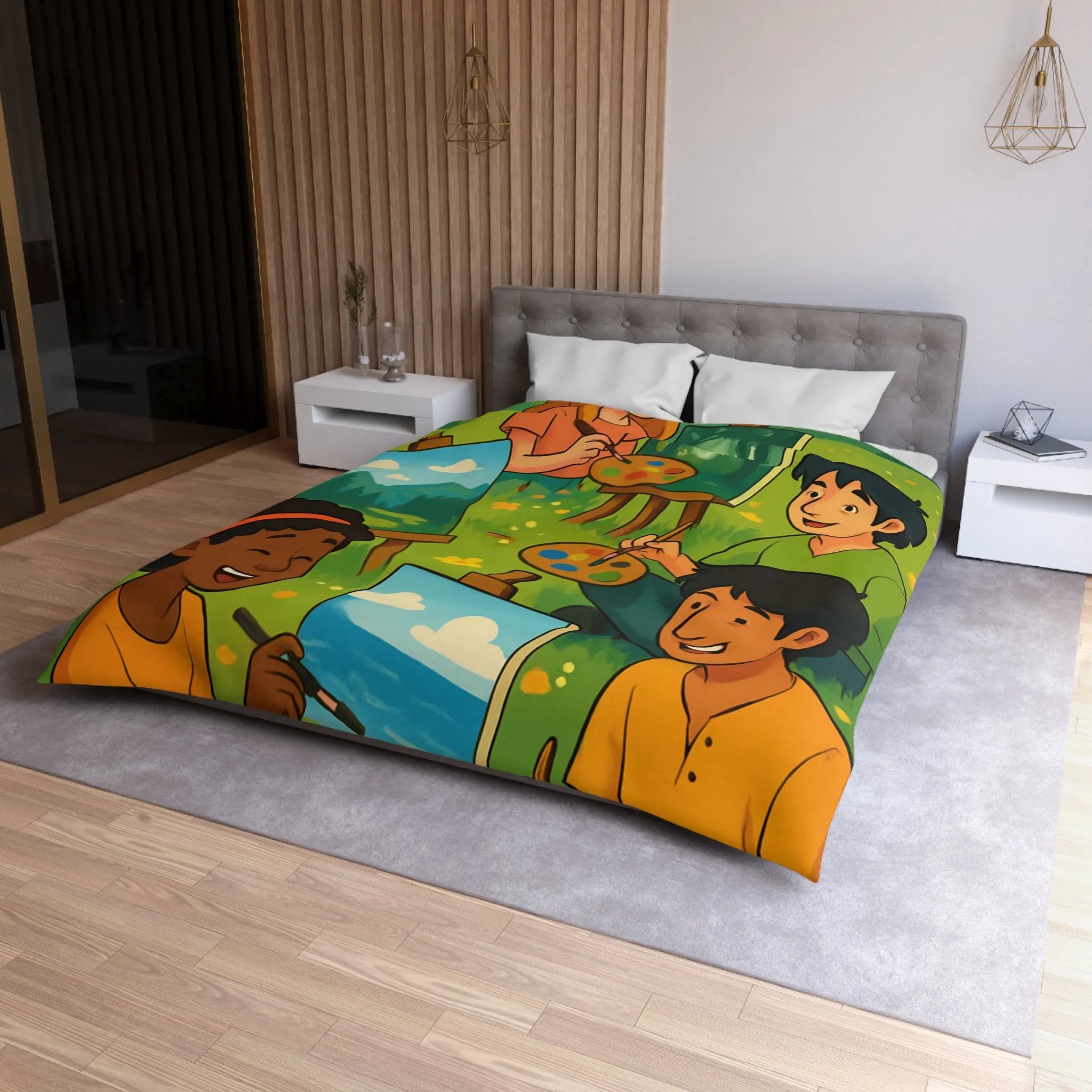 Housse de couette décorative avec enfants peignant dans champ fleuri en plein air