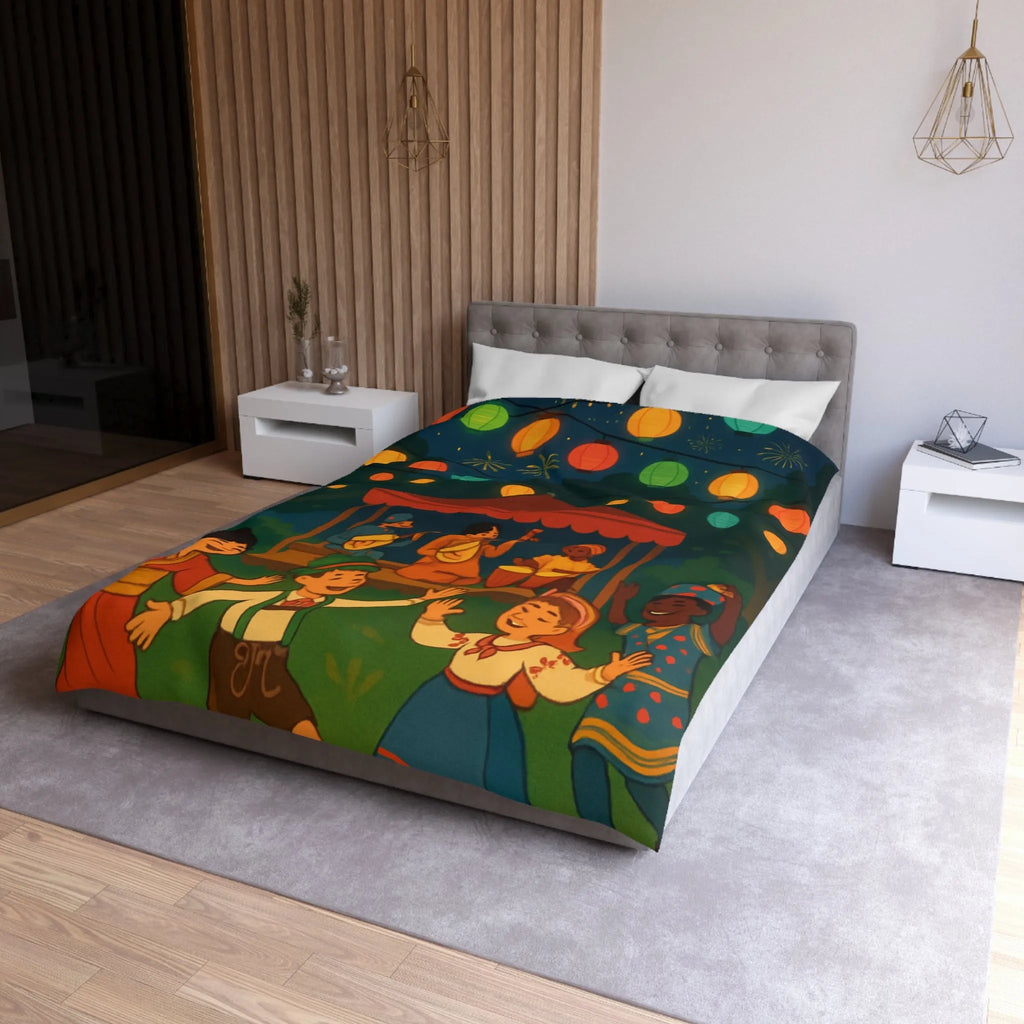 Housse de Couette Enfant Festive avec Lanternes Colorées et Scène de Musique en Plein Air