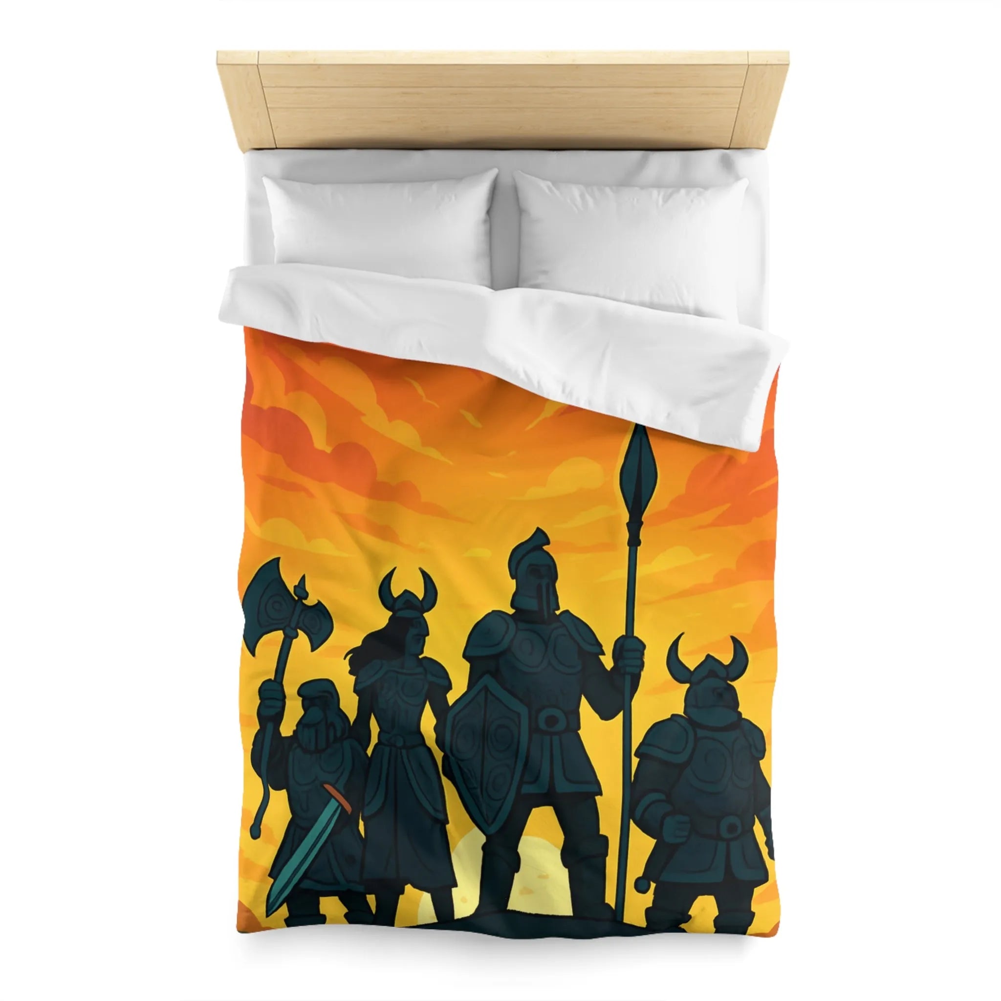 Housse de couette épique avec guerriers sous ciel flamboyant pour décoration médiévale