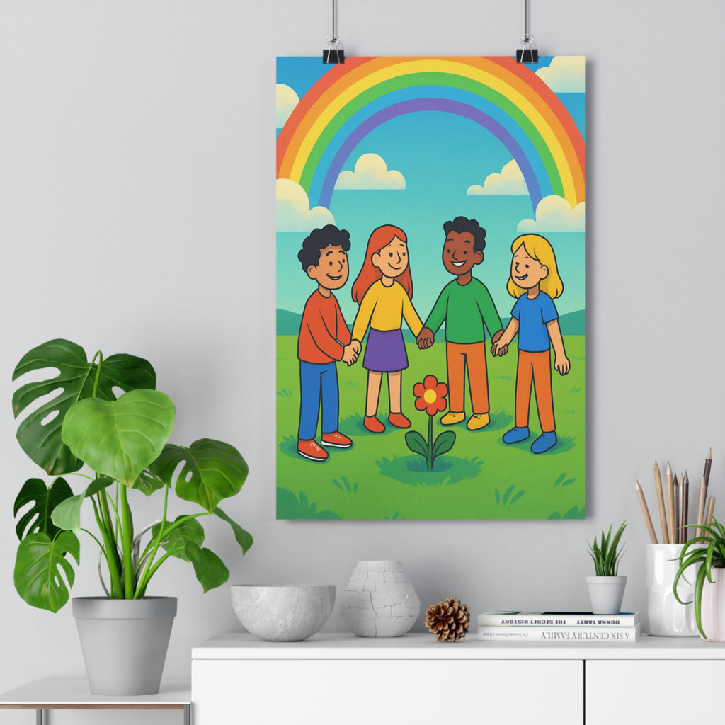 Poster décoratif cartoon pastel joyeux enfant chambre arcenciel fleur rouge 30x46 cm qualité premium