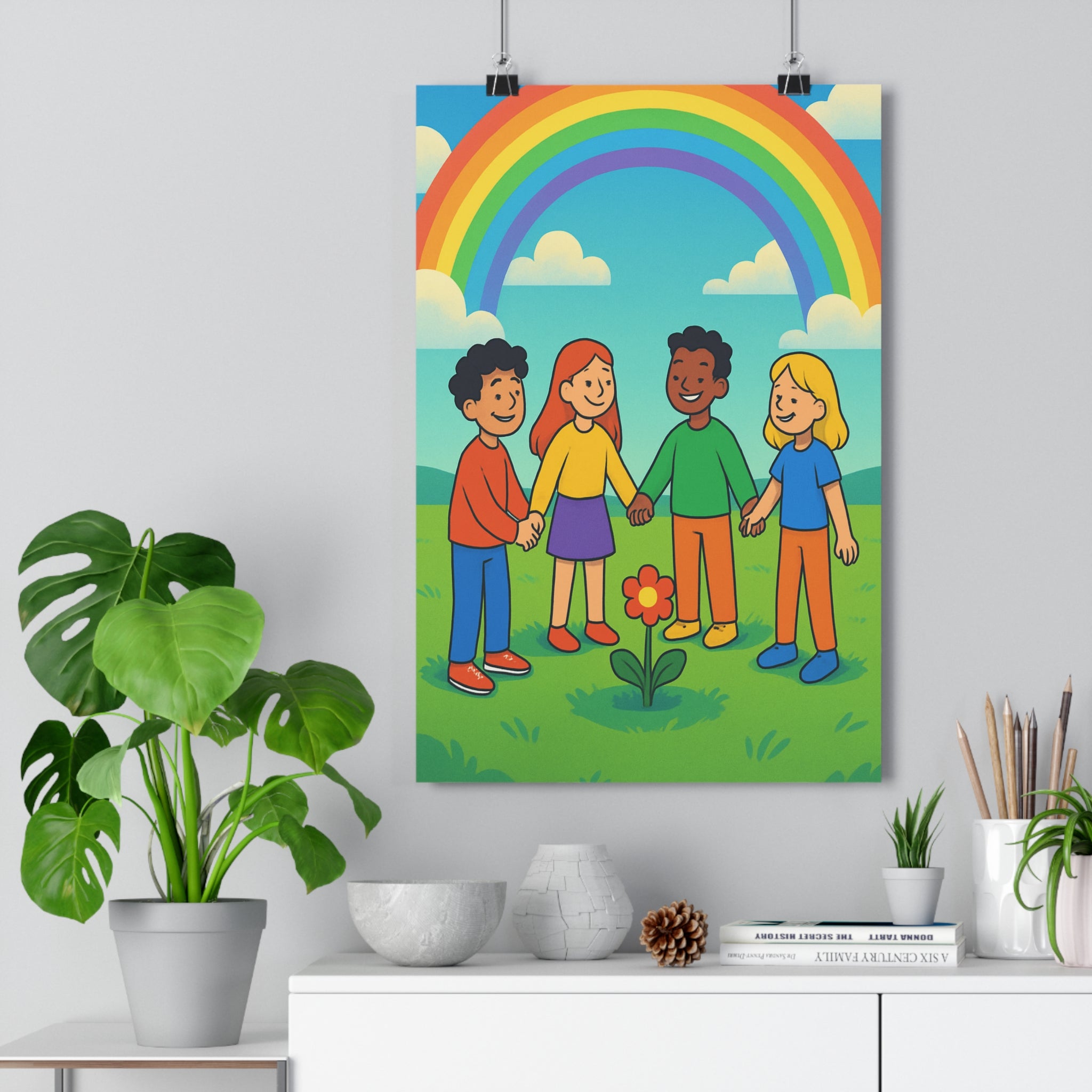 Poster décoratif cartoon pastel joyeux enfant chambre arcenciel fleur rouge 30x46 cm qualité premium
