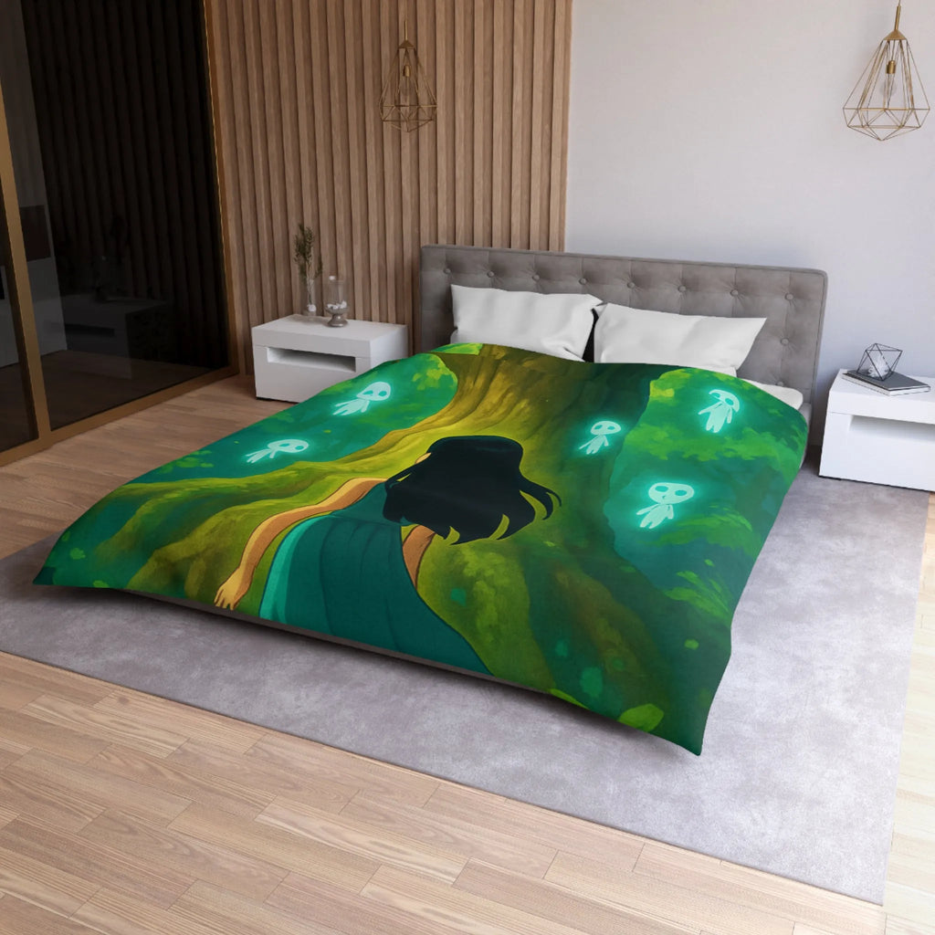 Housse de couette forêt mystique avec fille et esprits lumineux style onirique enchanteur